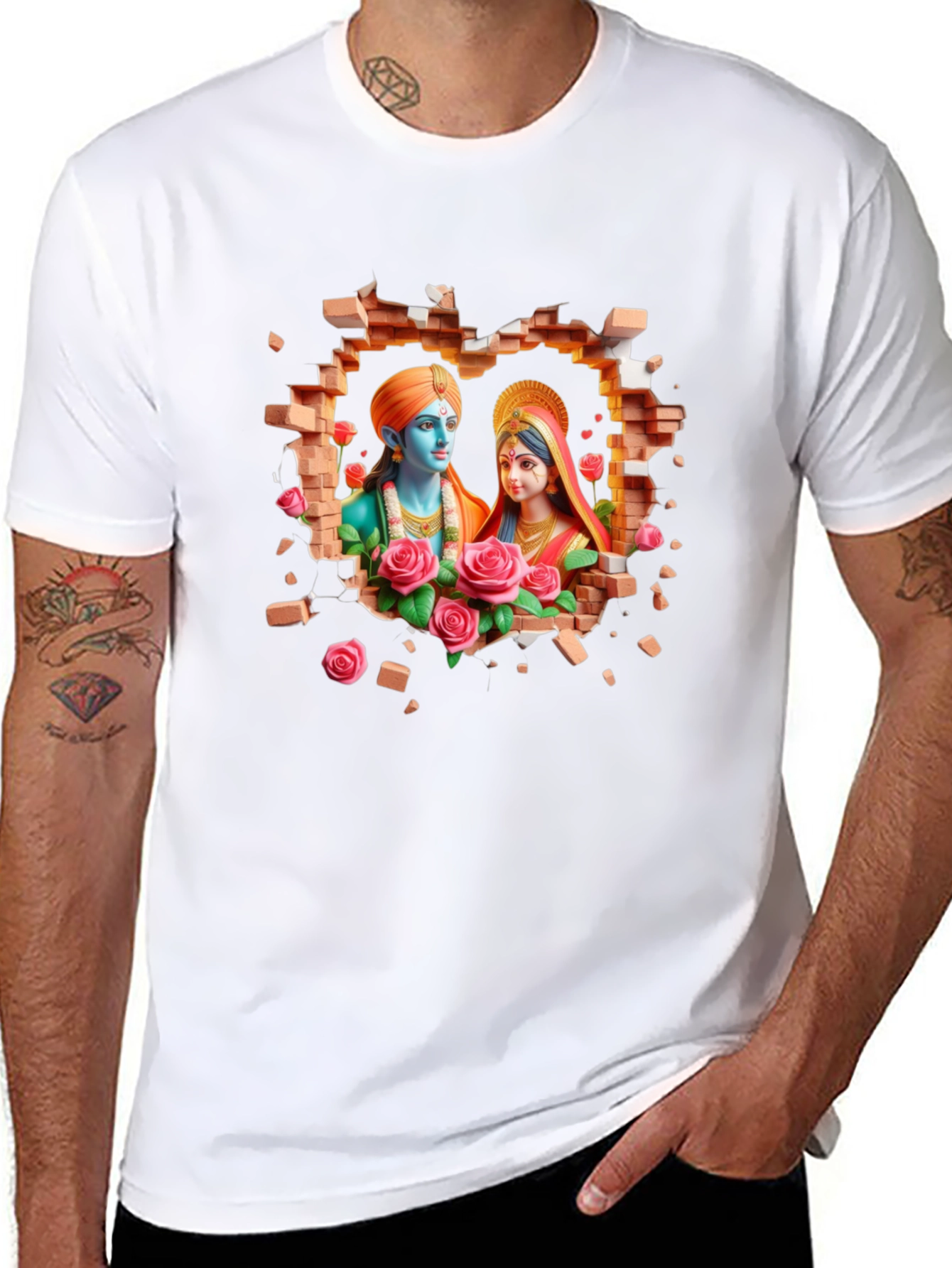 Radha Krishna Brick Wall Graphic T-Shirt