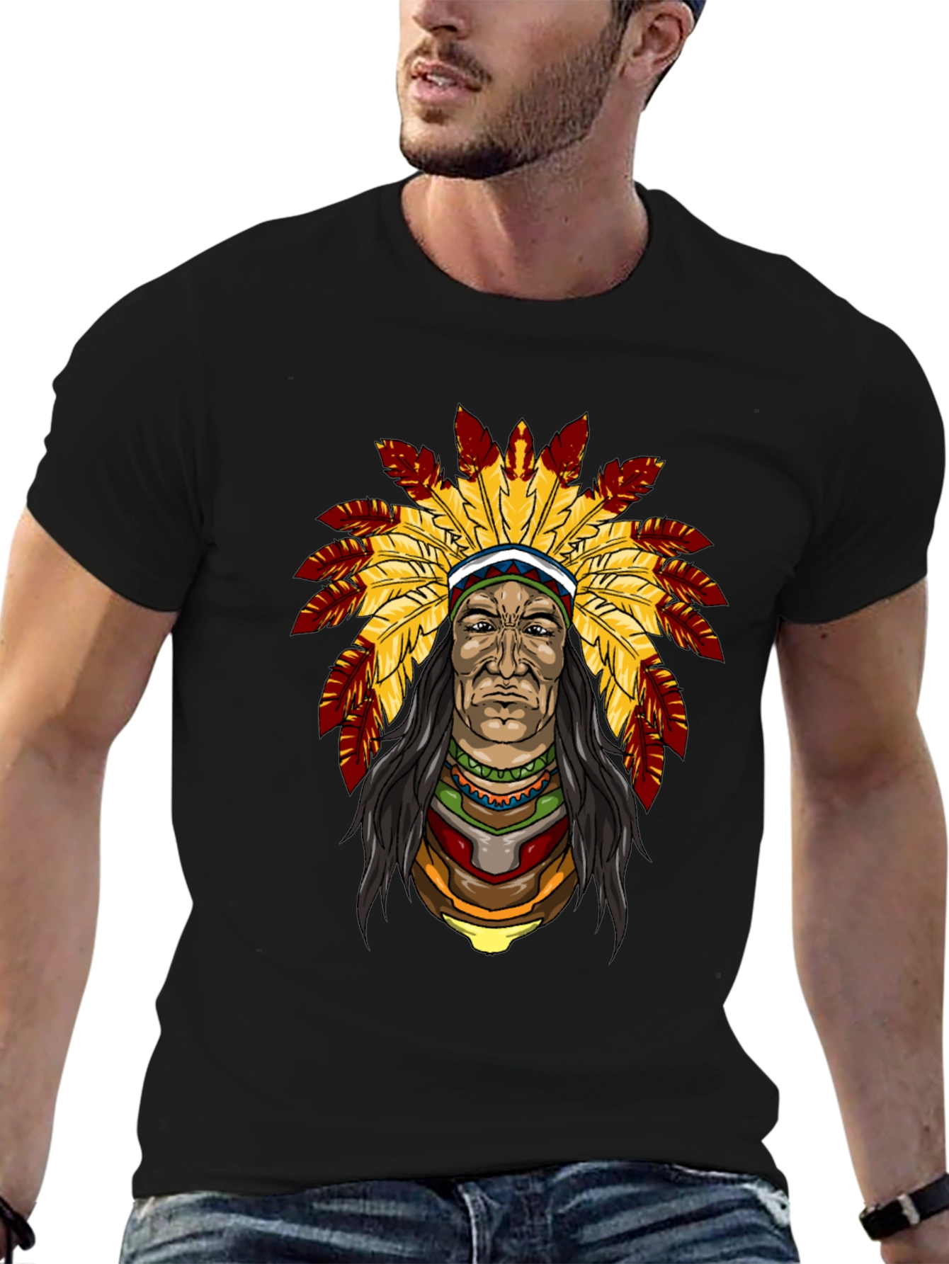 Native American Chief Graphic T-Shirt - Black
