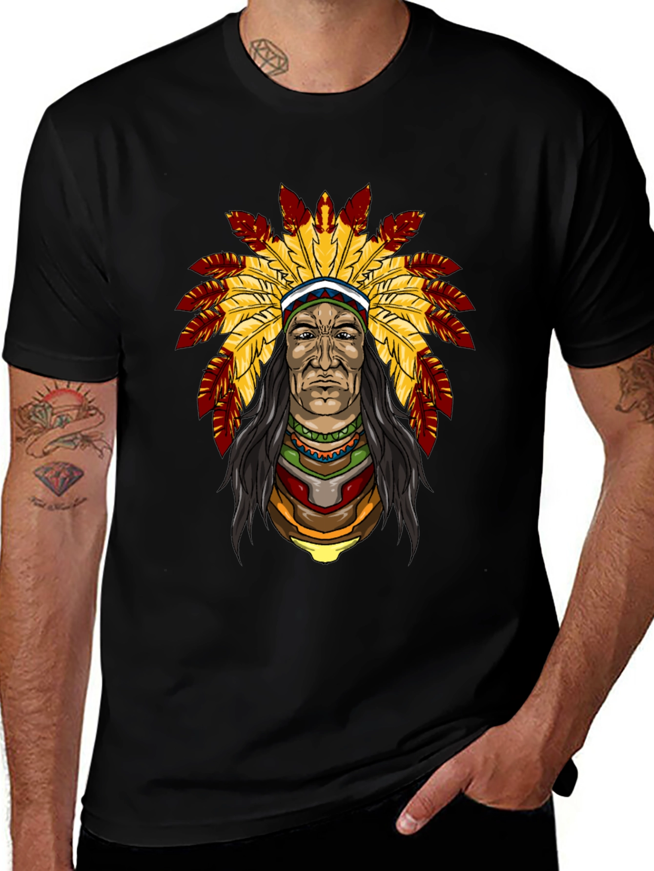 Native American Chief Graphic T-Shirt - Black