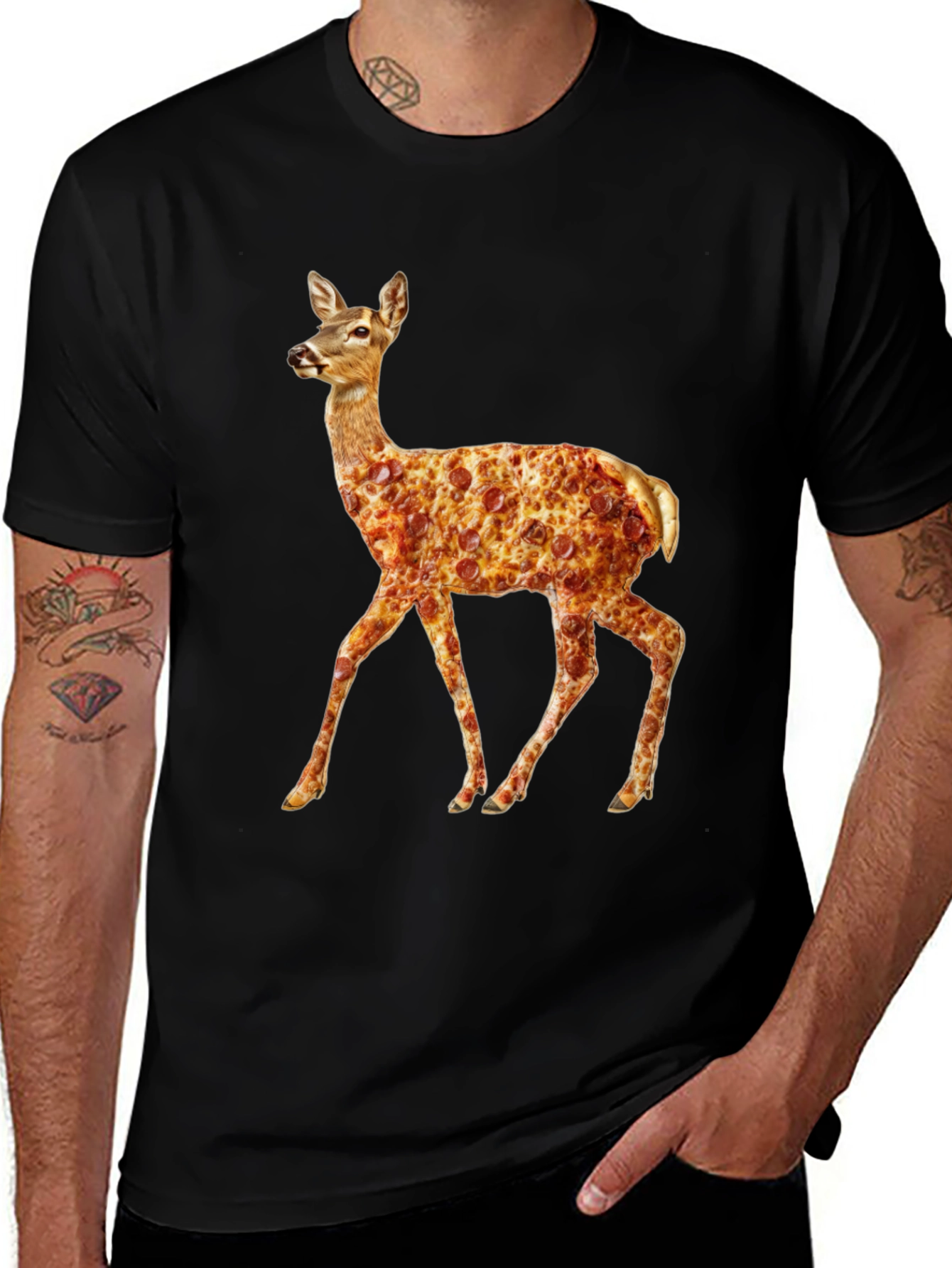 Pizza Deer Black T-Shirt - Novelty Graphic Tee