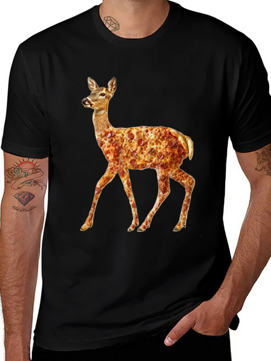 Pizza Deer Black T-Shirt - Novelty Graphic Tee