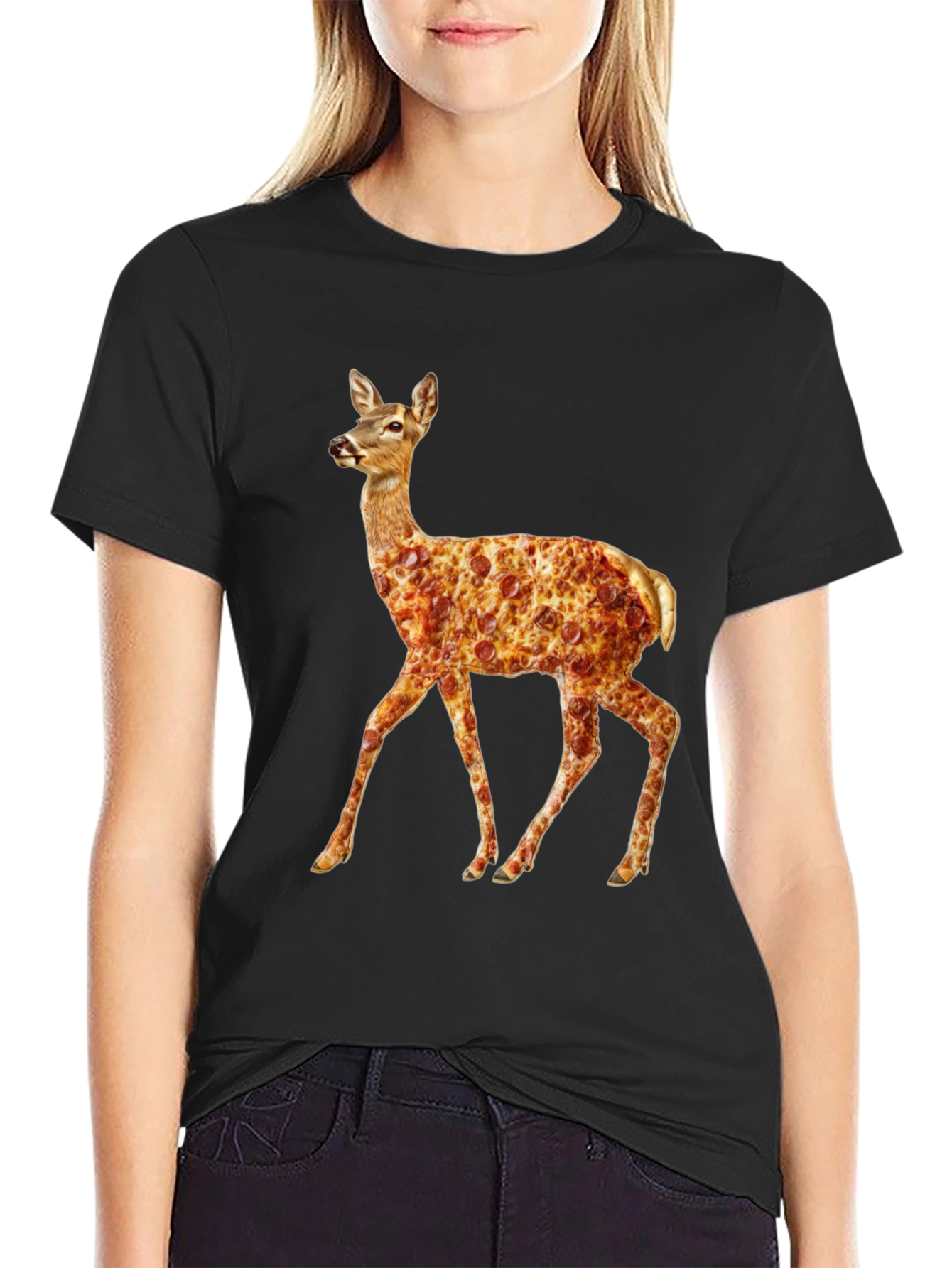 Pizza Deer Black T-Shirt - Novelty Graphic Tee