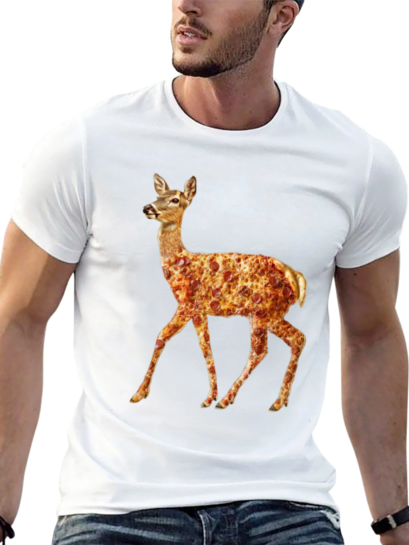 Pizza Deer Black T-Shirt - Novelty Graphic Tee