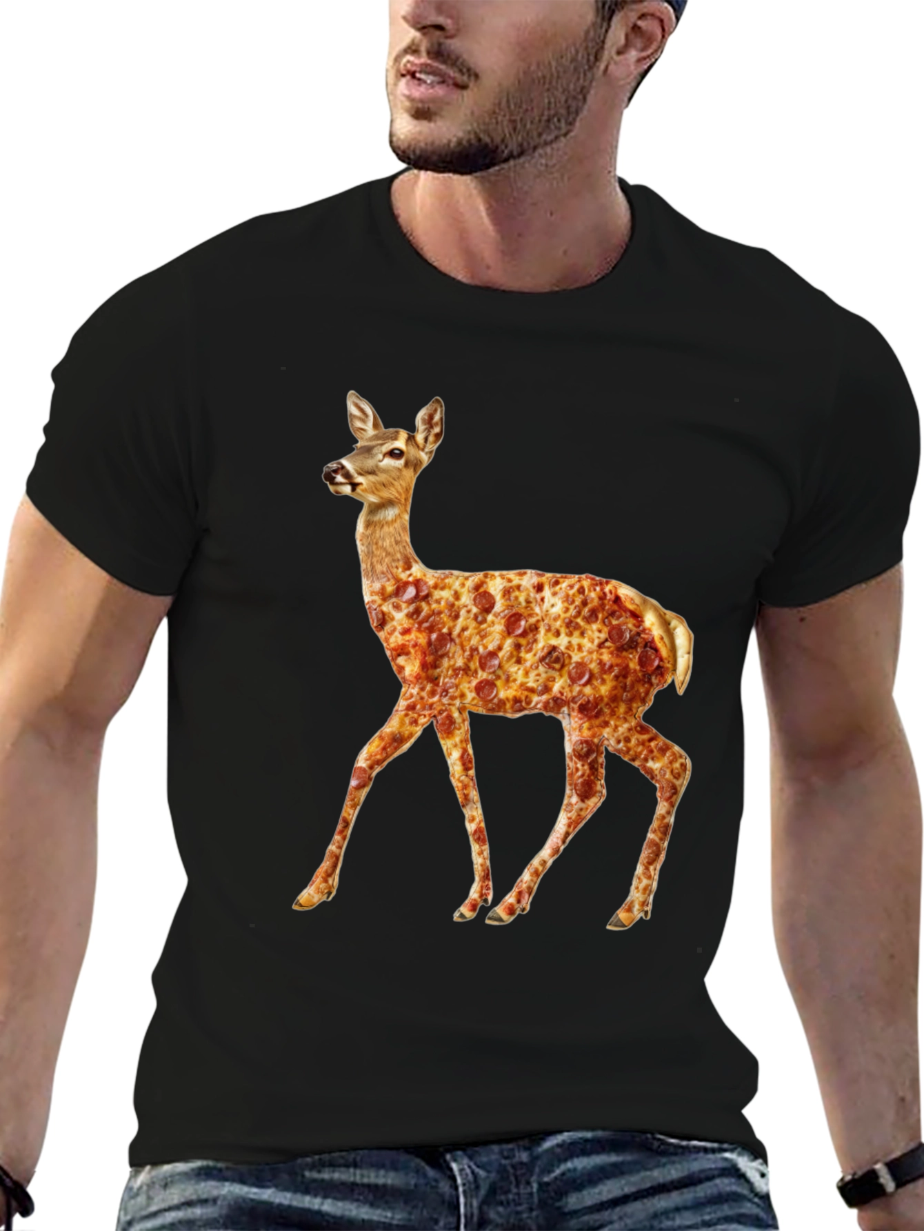 Pizza Deer Black T-Shirt - Novelty Graphic Tee