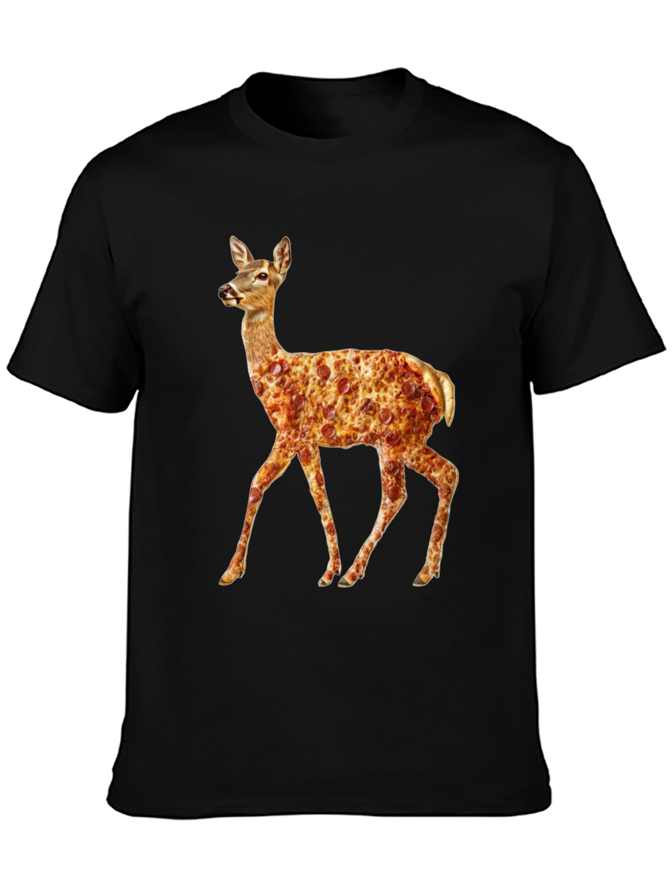 Pizza Deer Black T-Shirt - Novelty Graphic Tee