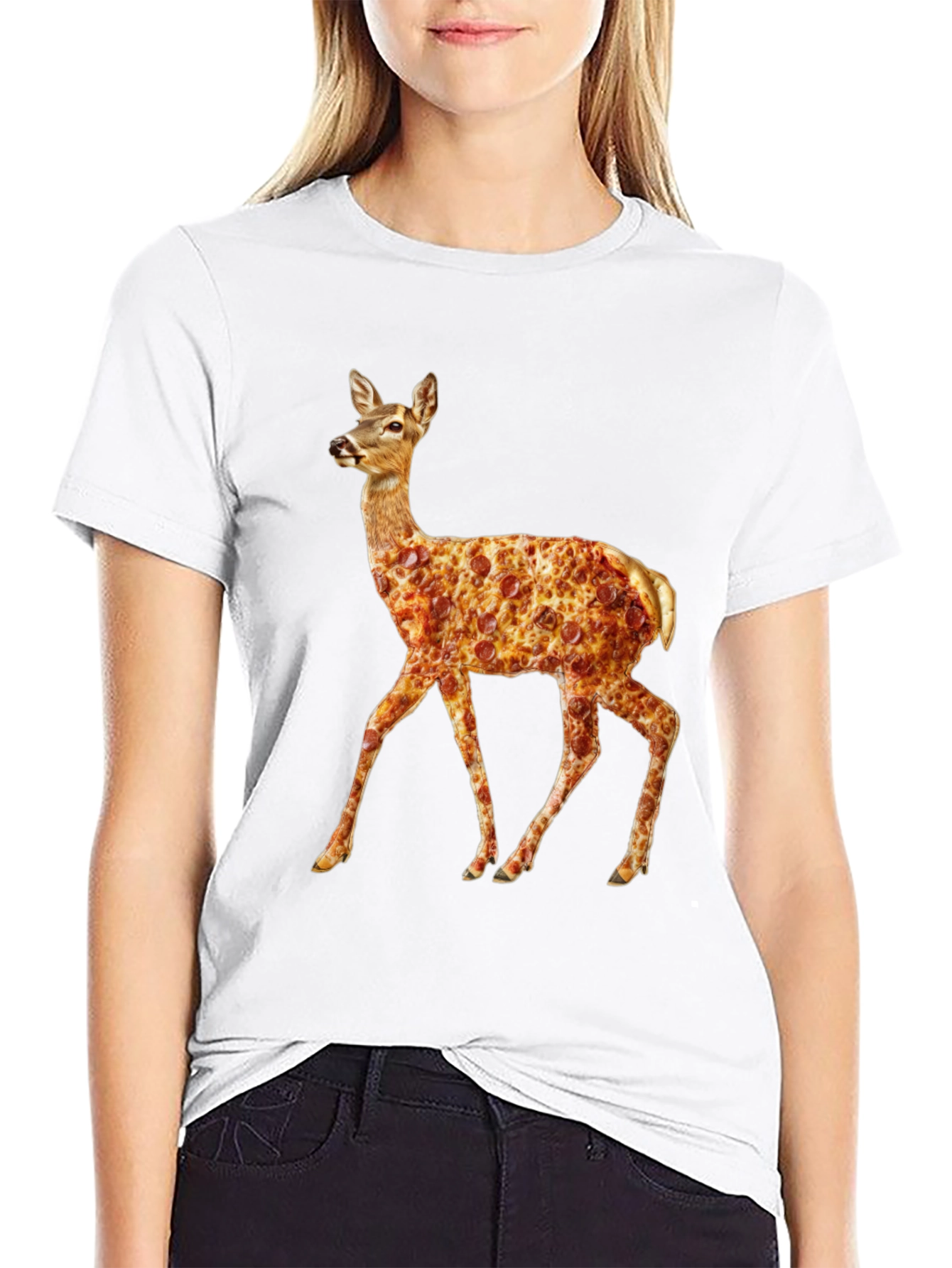 Pizza Deer Black T-Shirt - Novelty Graphic Tee