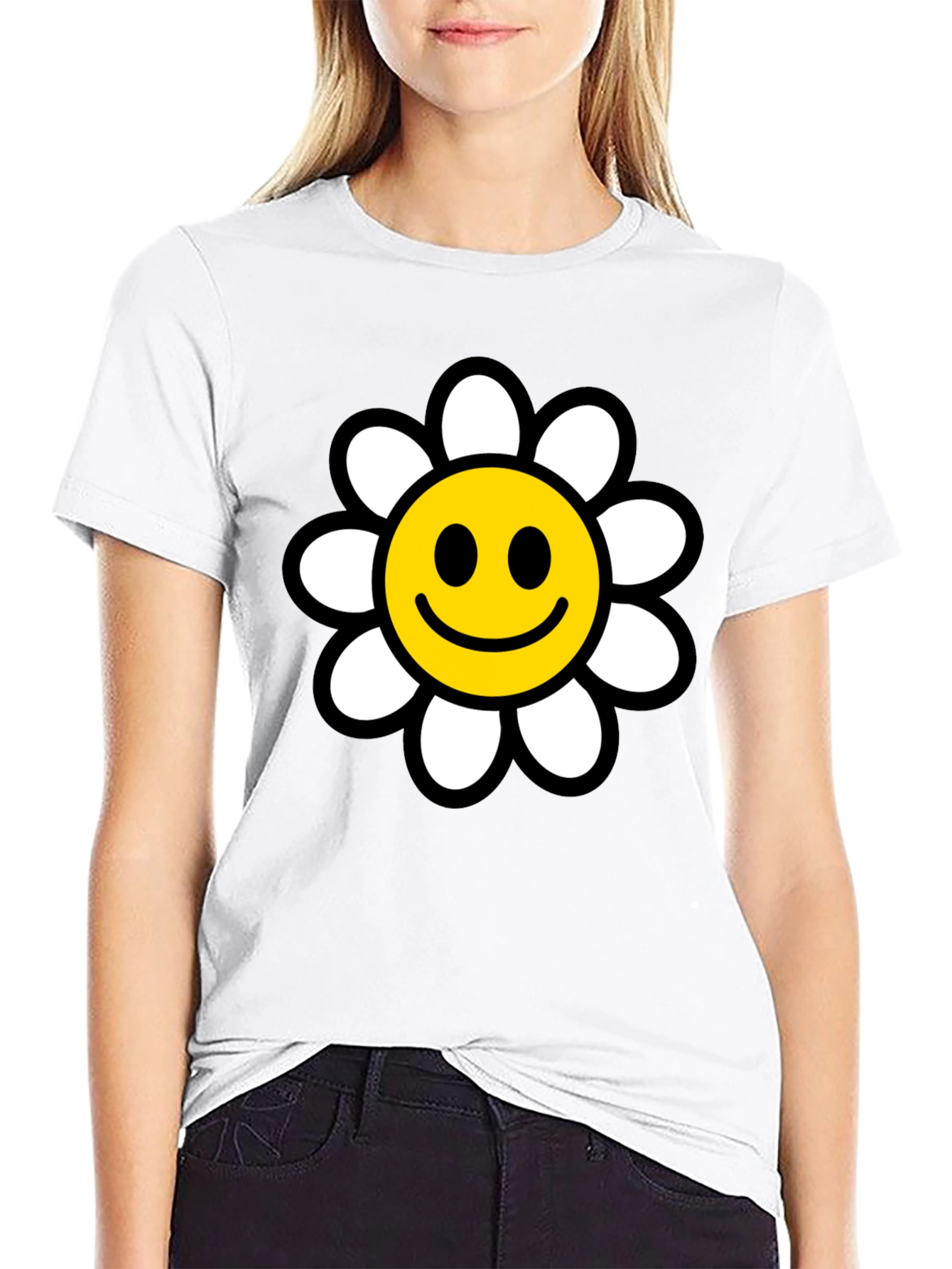 Smiley Face Daisy Graphic T-Shirt - Black