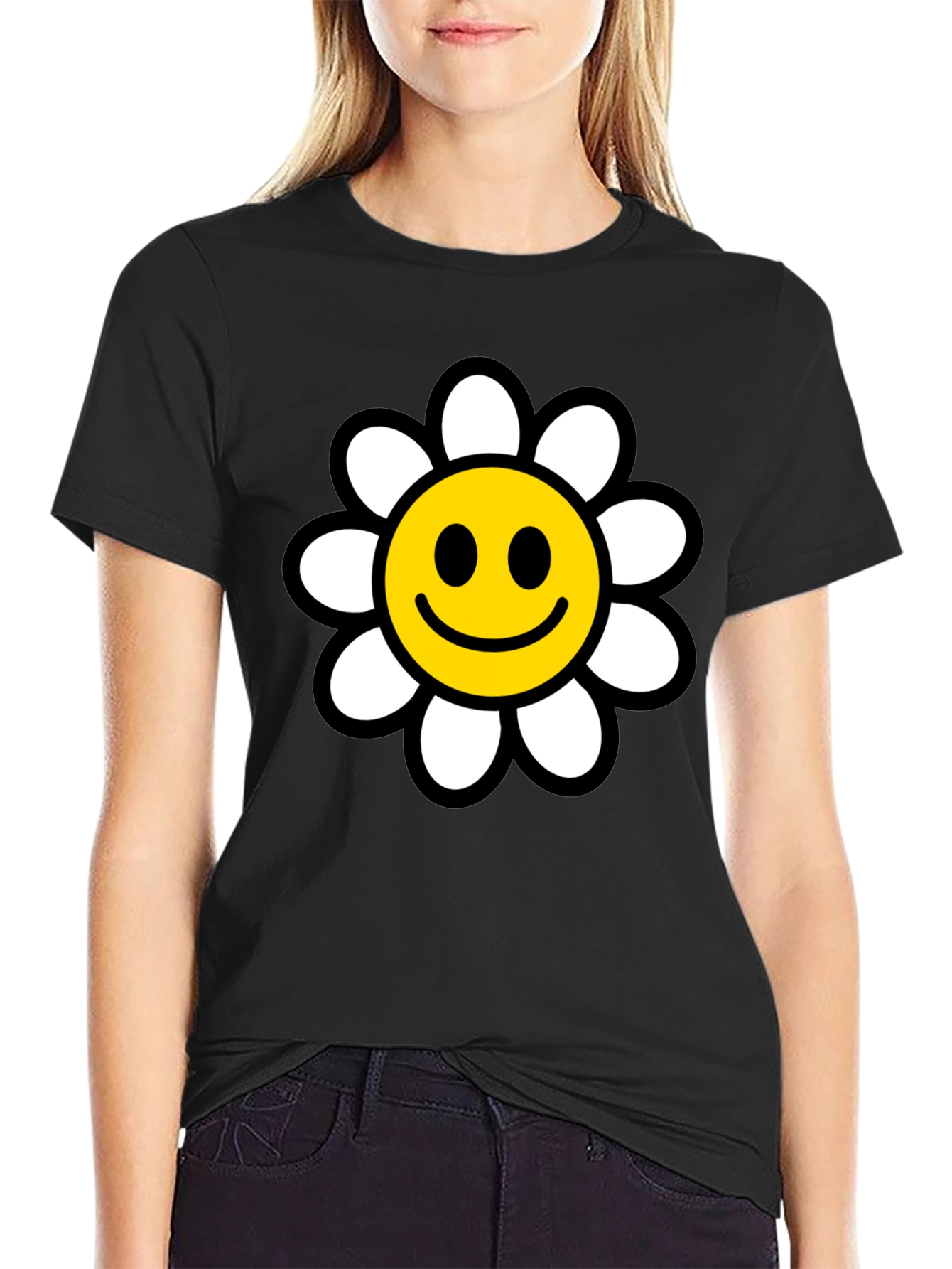 Smiley Face Daisy Graphic T-Shirt - Black