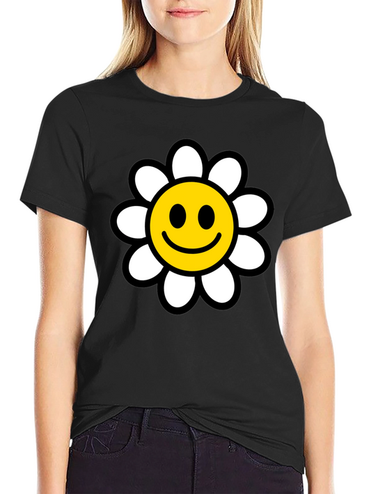 Smiley Face Daisy Graphic T-Shirt - Black