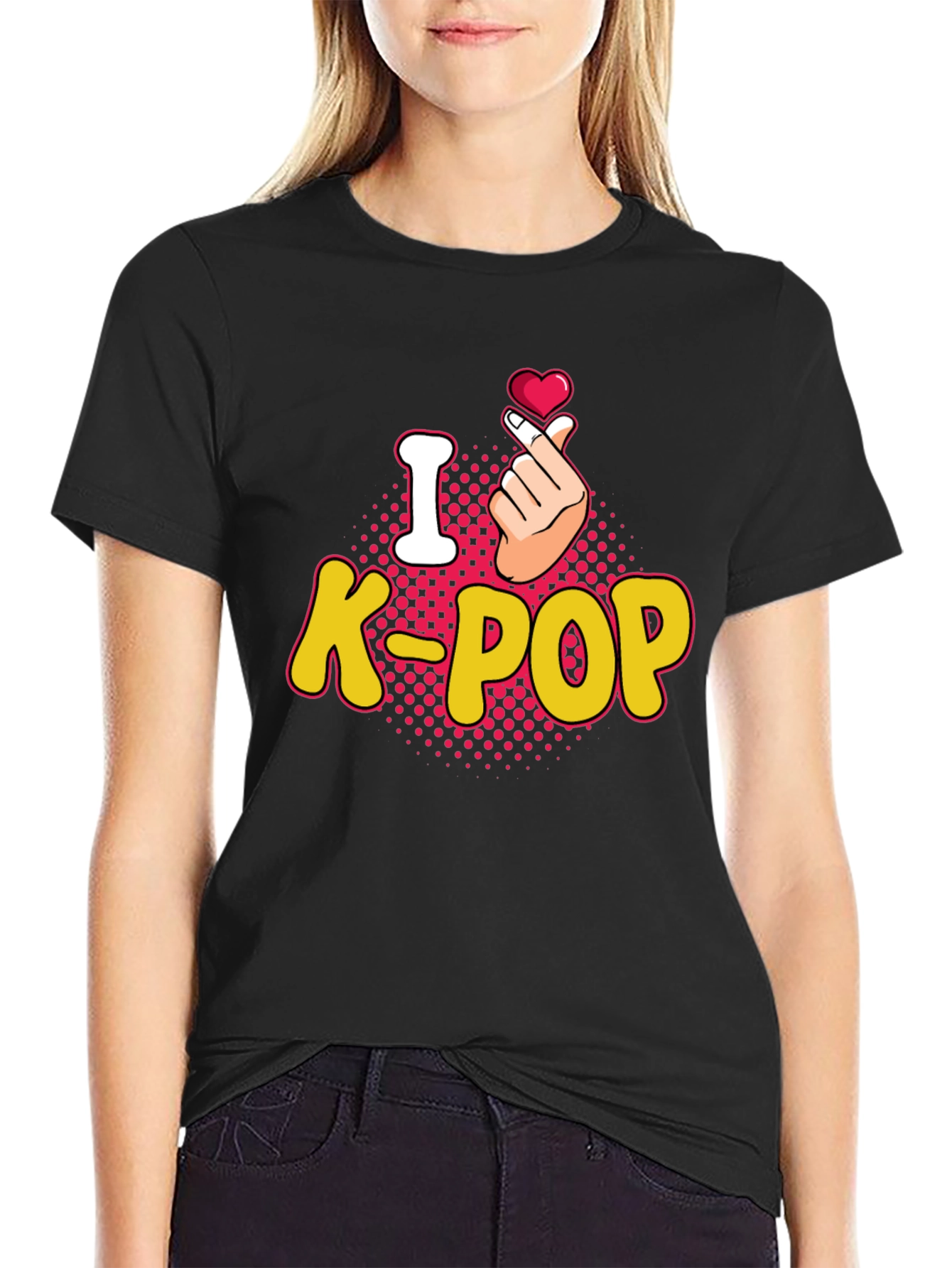 I Love K-Pop Heart Gesture Black T-Shirt