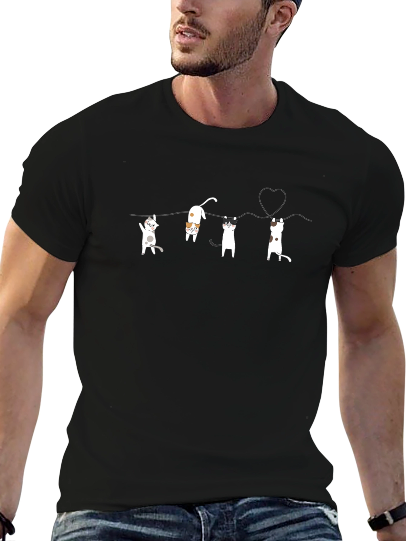 Cat Line Art Black T-Shirt