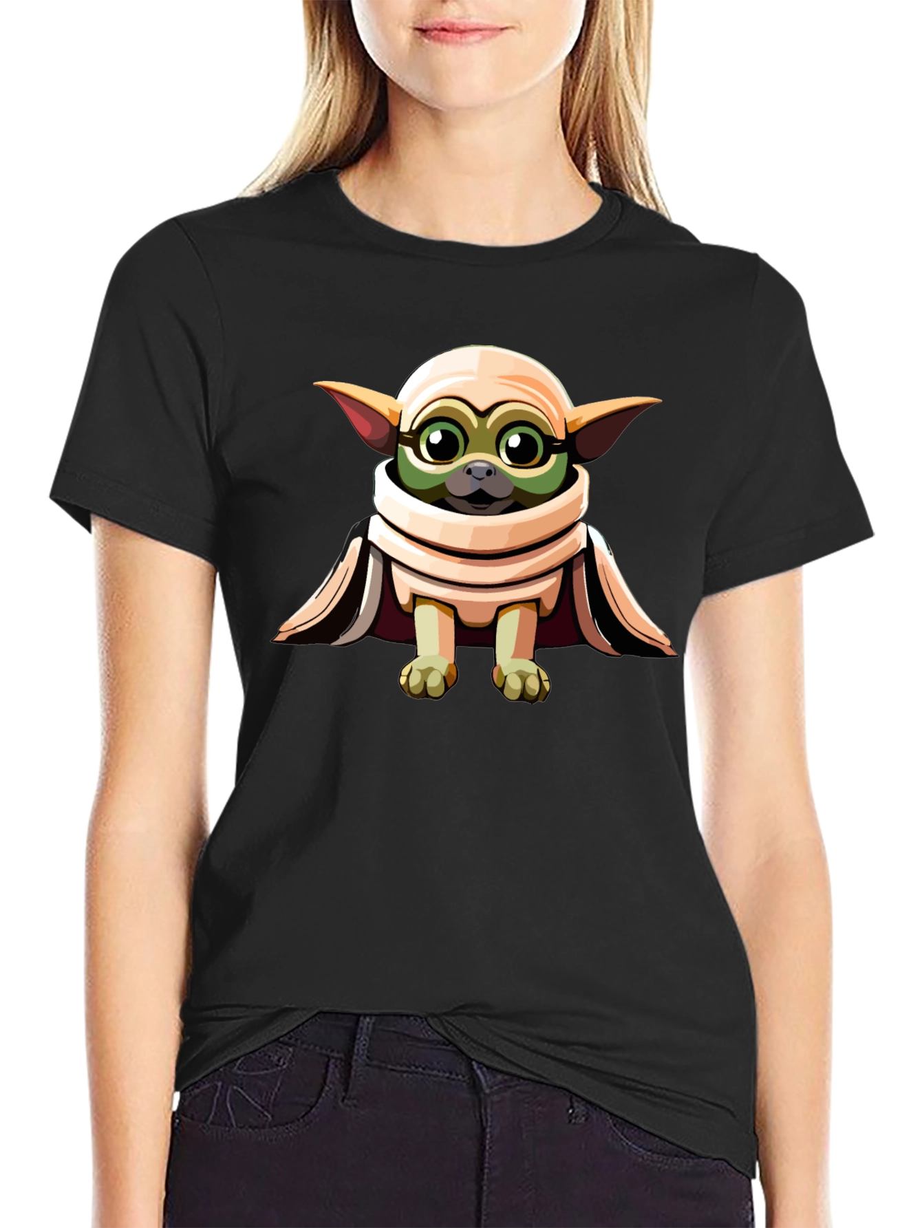 Grogu-Inspired Graphic Tee - Black Cotton Blend