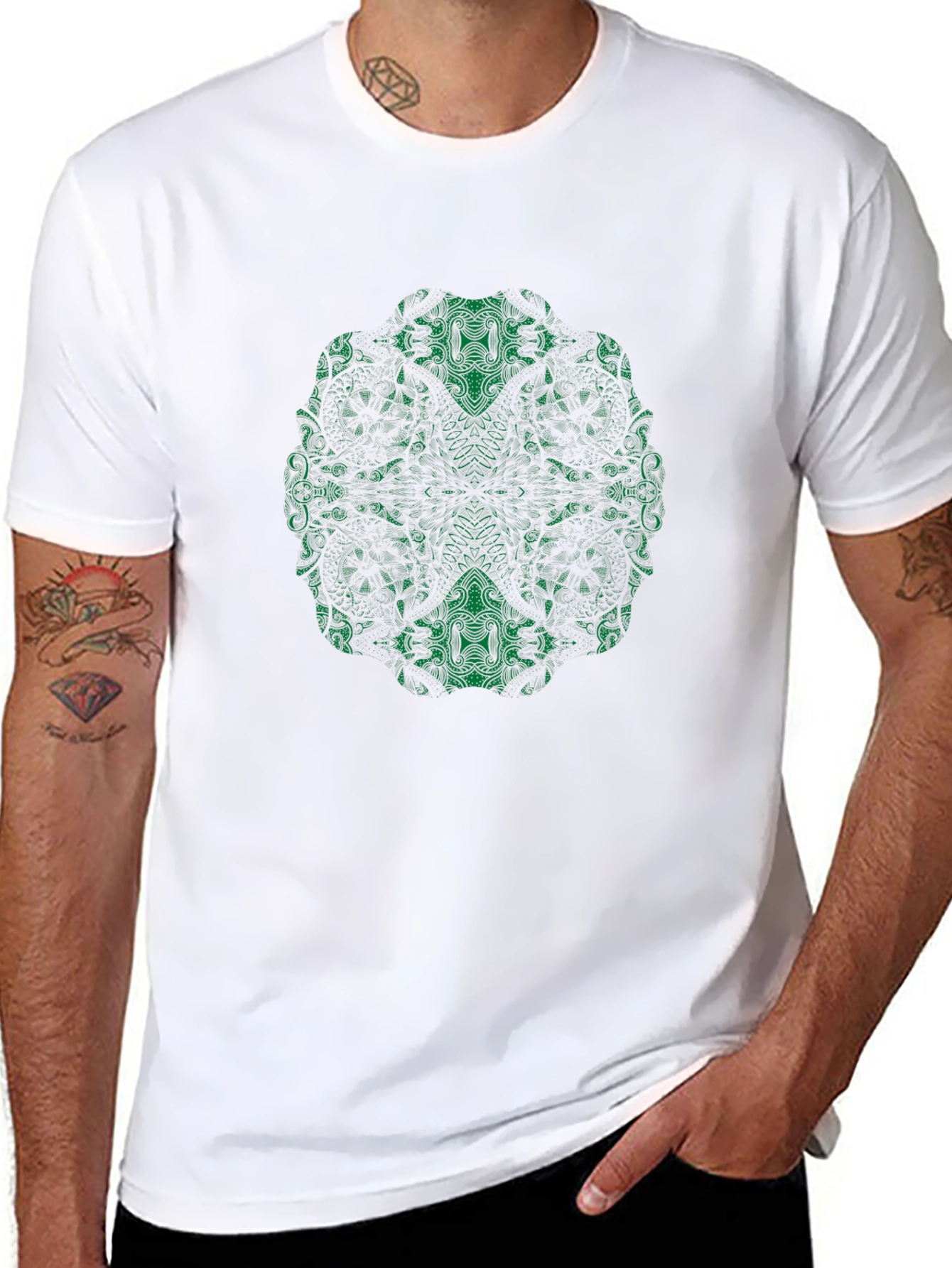 Abstract Green Print Black T-Shirt