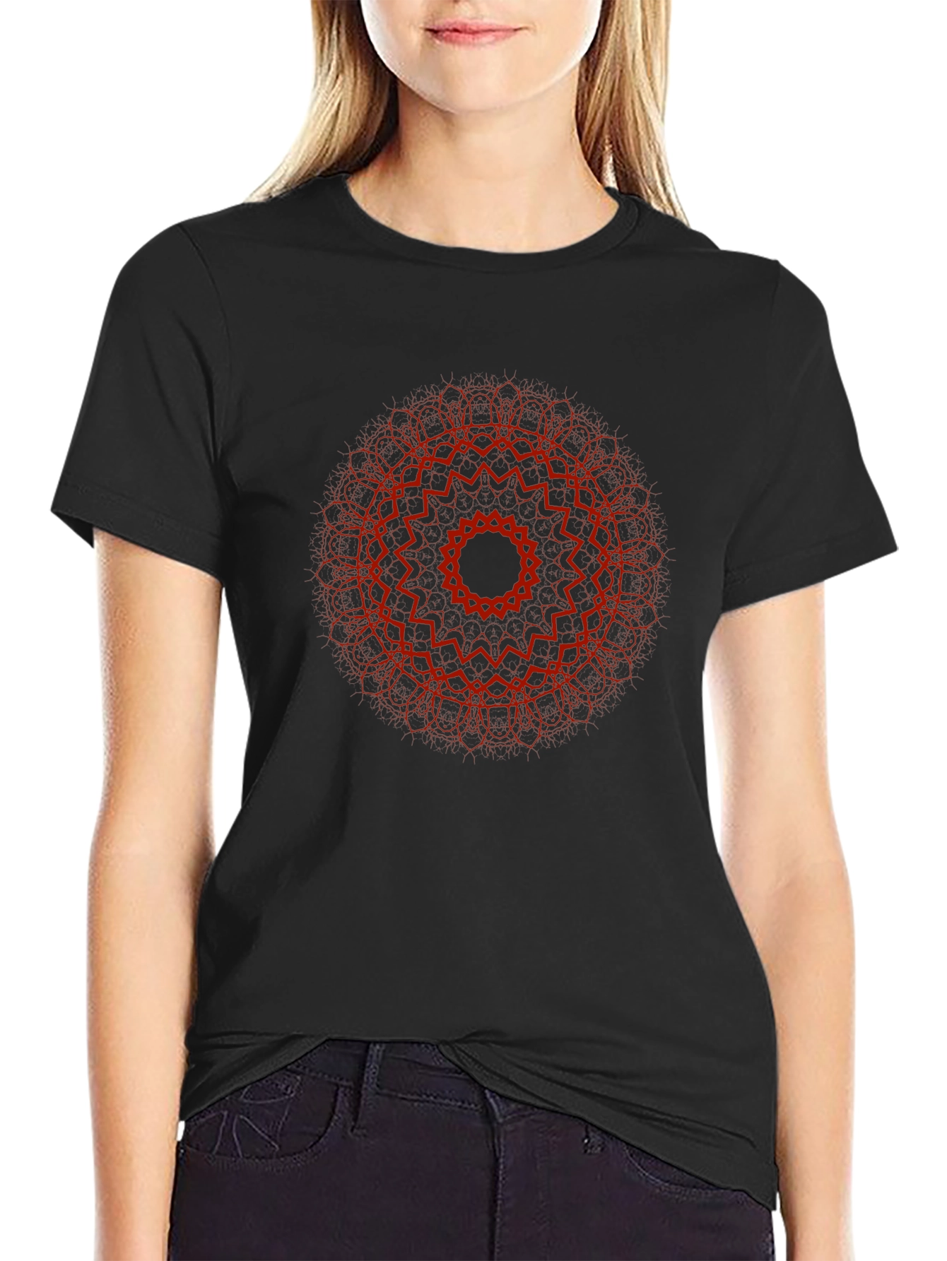 Red Mandala Print Black T-Shirt
