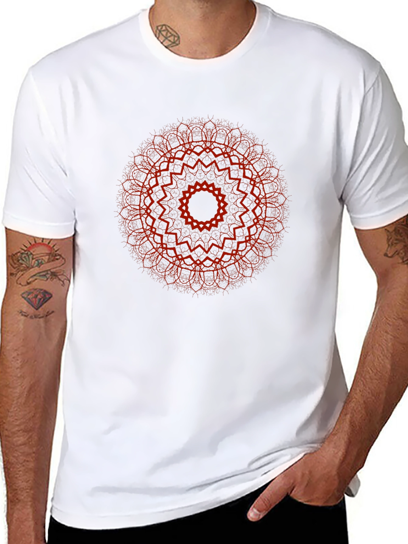 Red Mandala Print Black T-Shirt