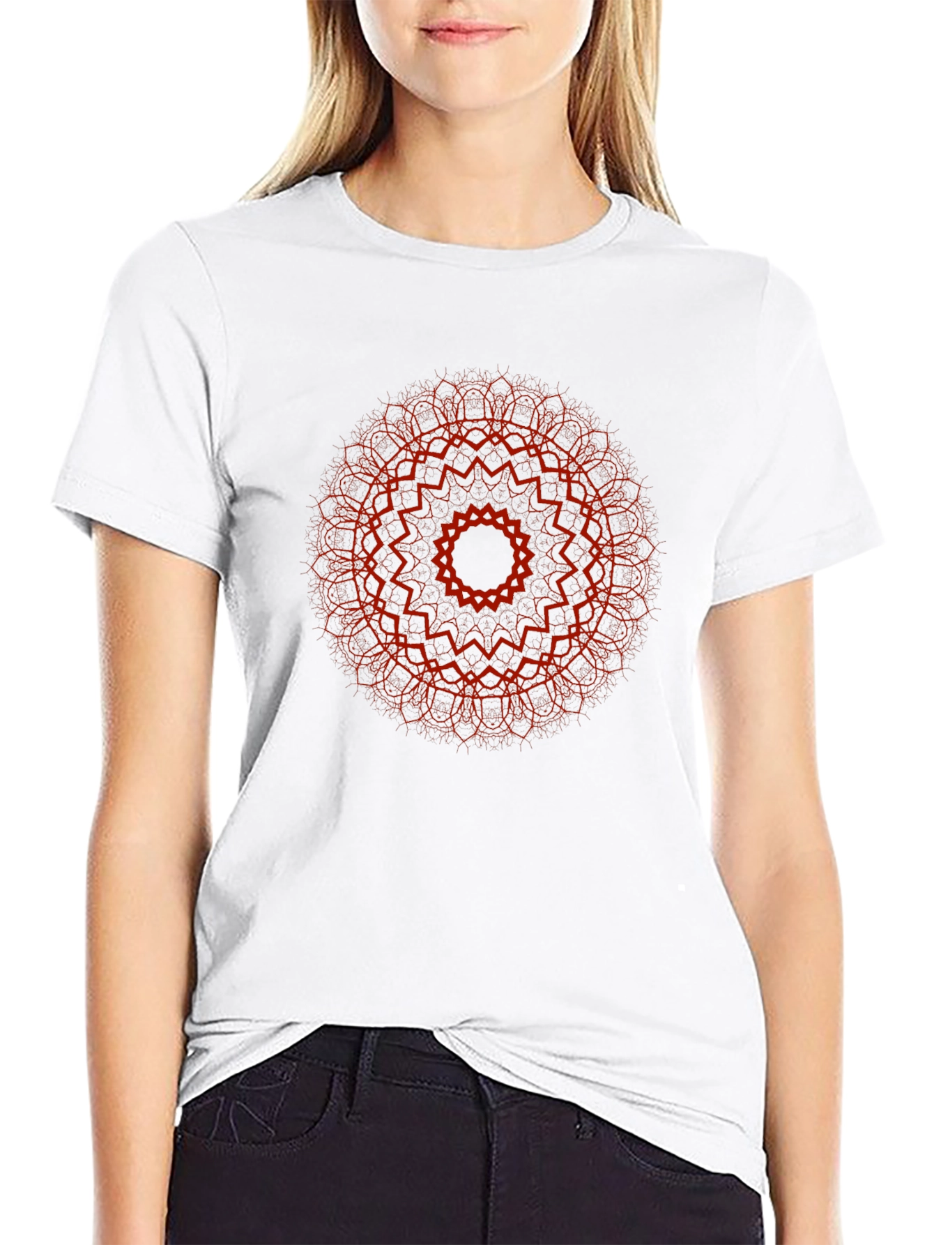 Red Mandala Print Black T-Shirt
