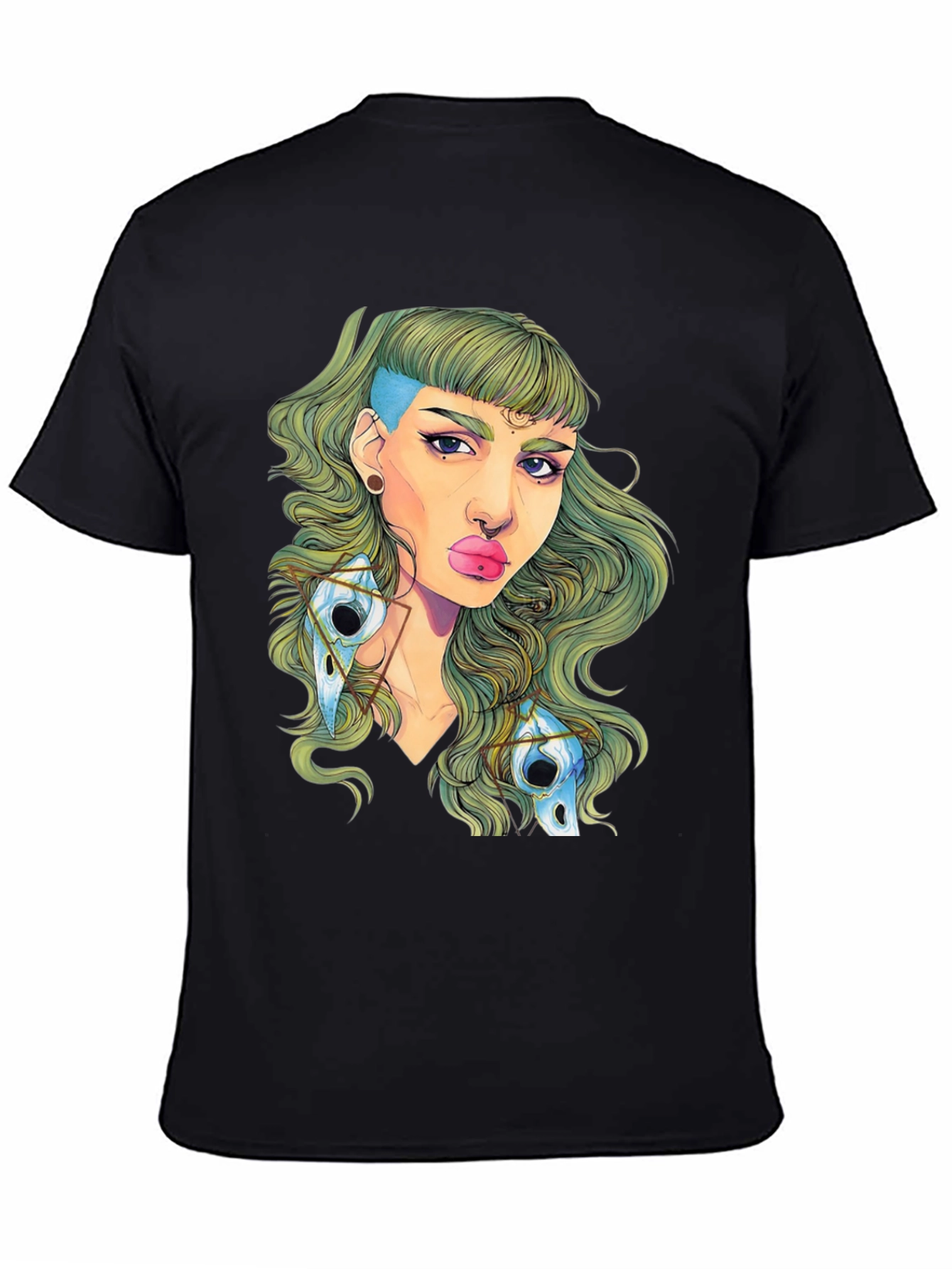 Edgy Green Haired Woman Graphic Tee - Black