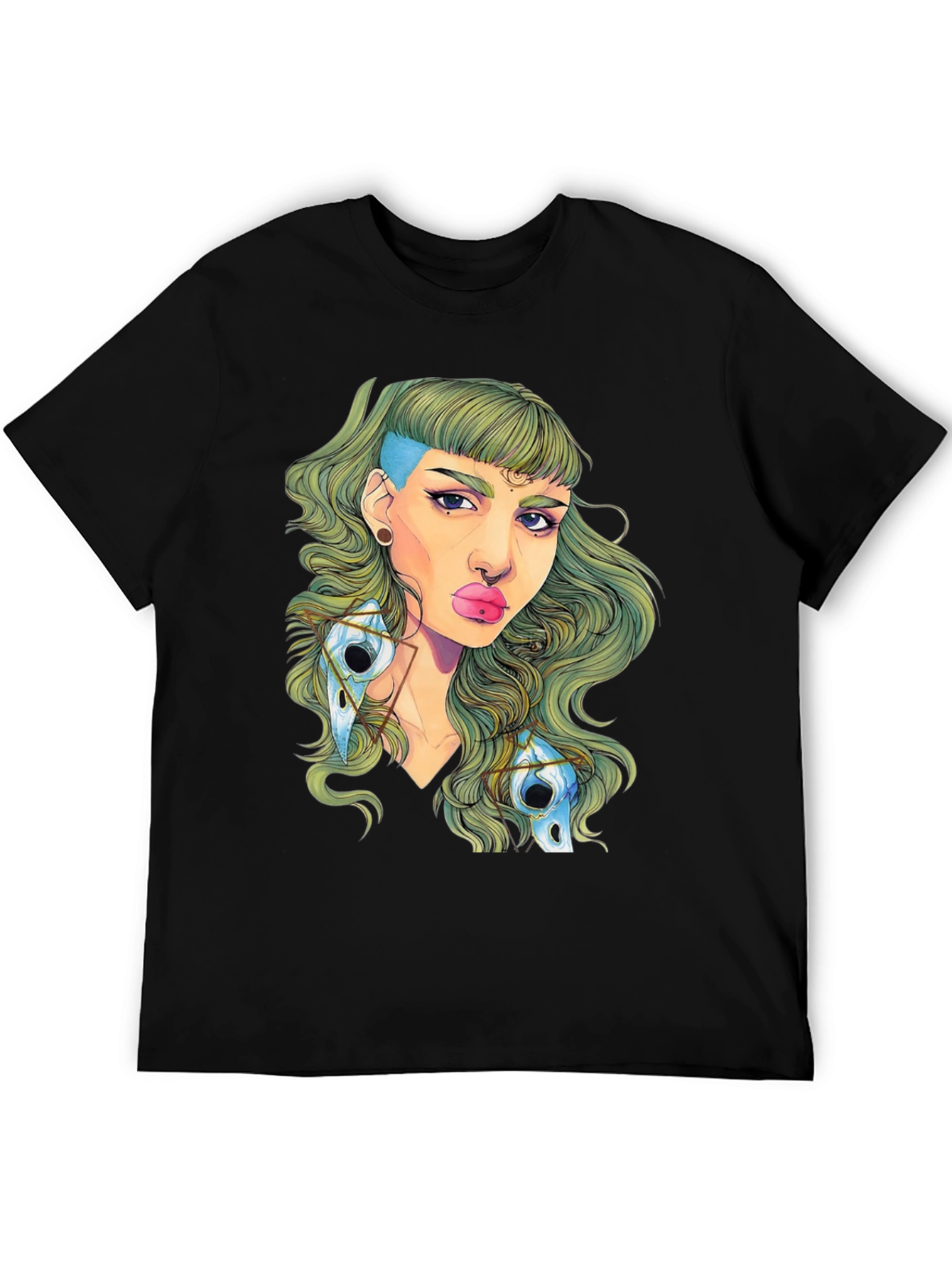 Edgy Green Haired Woman Graphic Tee - Black