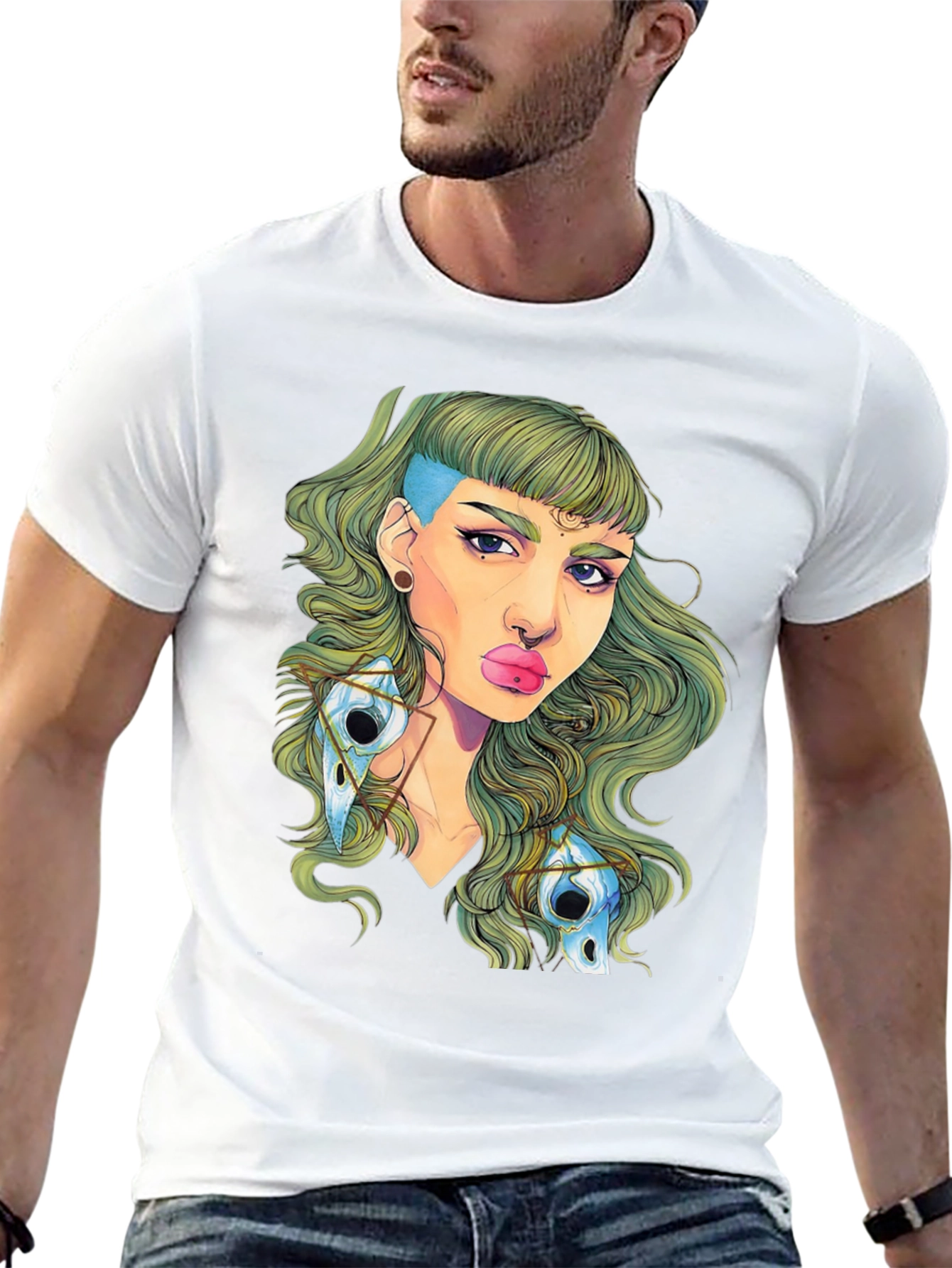Edgy Green Haired Woman Graphic Tee - Black