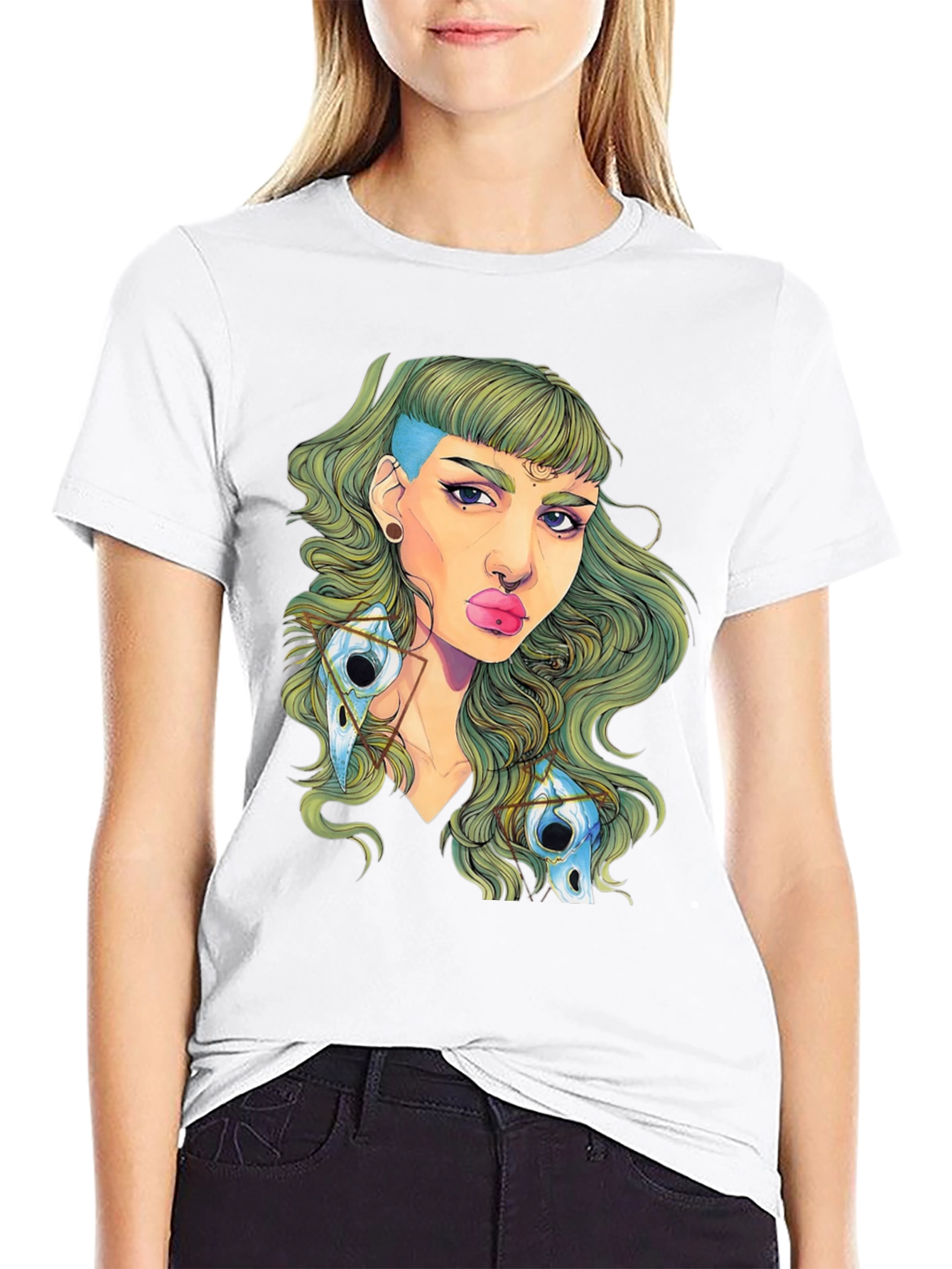 Edgy Green Haired Woman Graphic Tee - Black