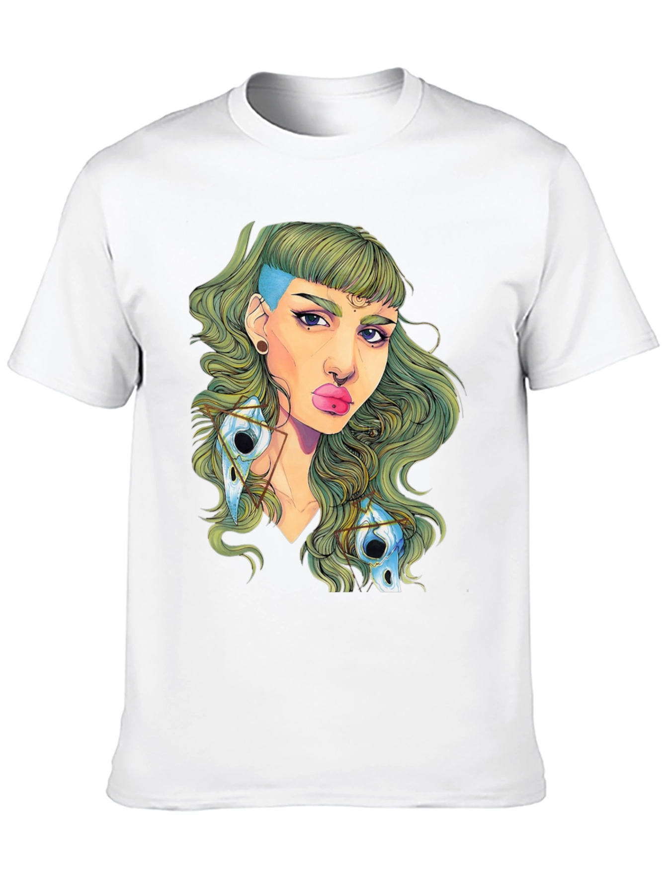 Edgy Green Haired Woman Graphic Tee - Black