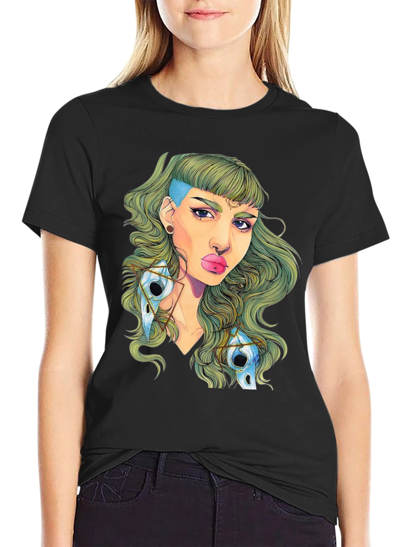 Edgy Green Haired Woman Graphic Tee - Black