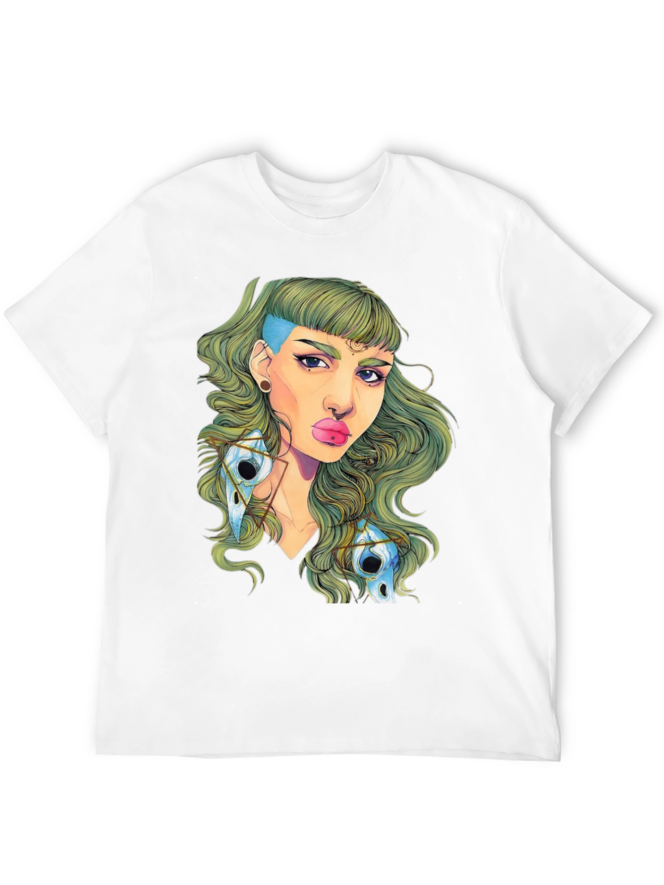 Edgy Green Haired Woman Graphic Tee - Black