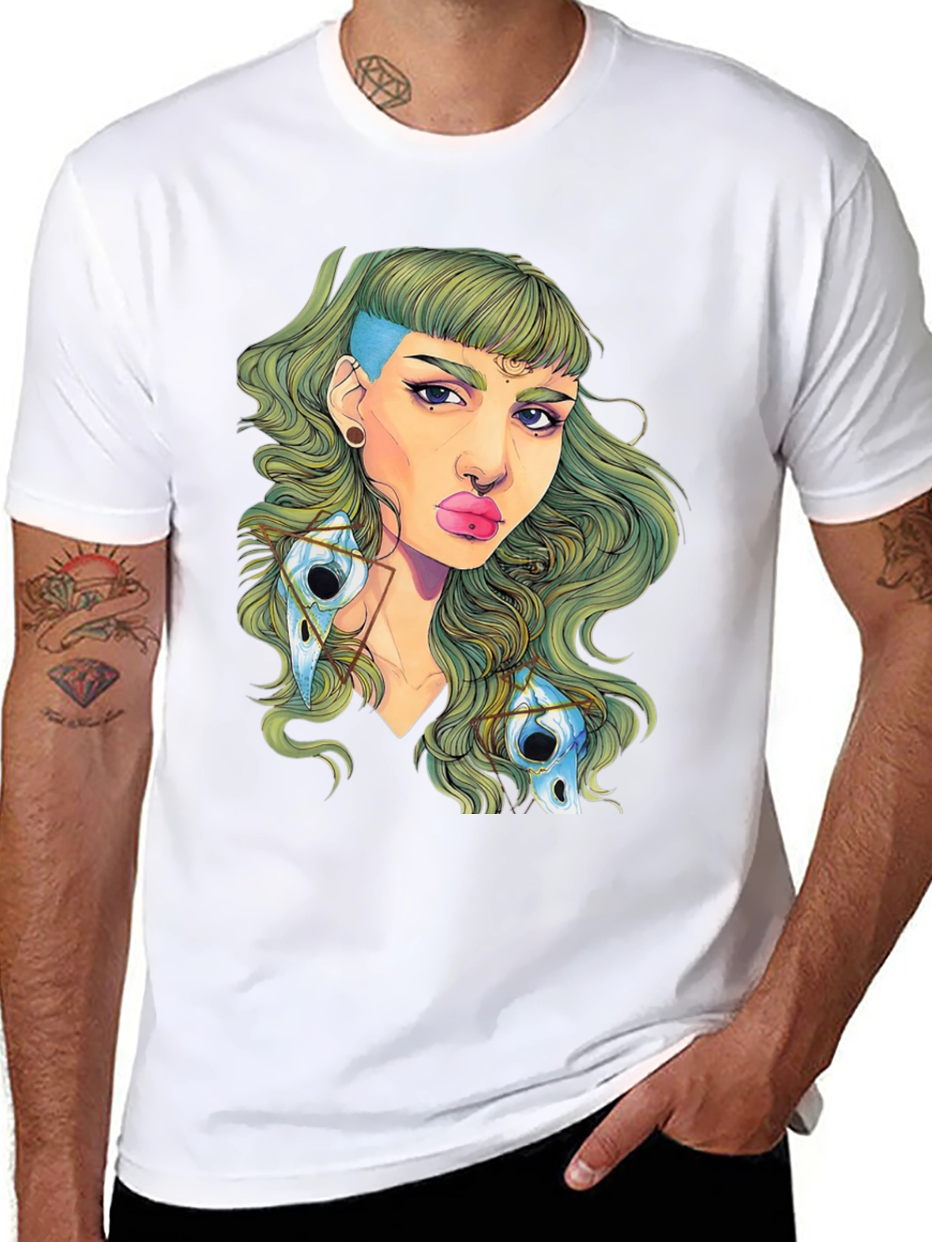 Edgy Green Haired Woman Graphic Tee - Black