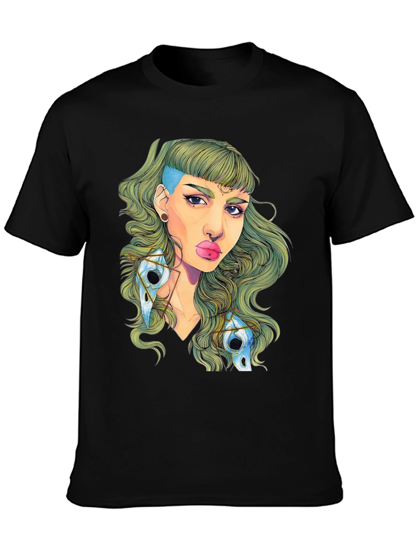 Edgy Green Haired Woman Graphic Tee - Black