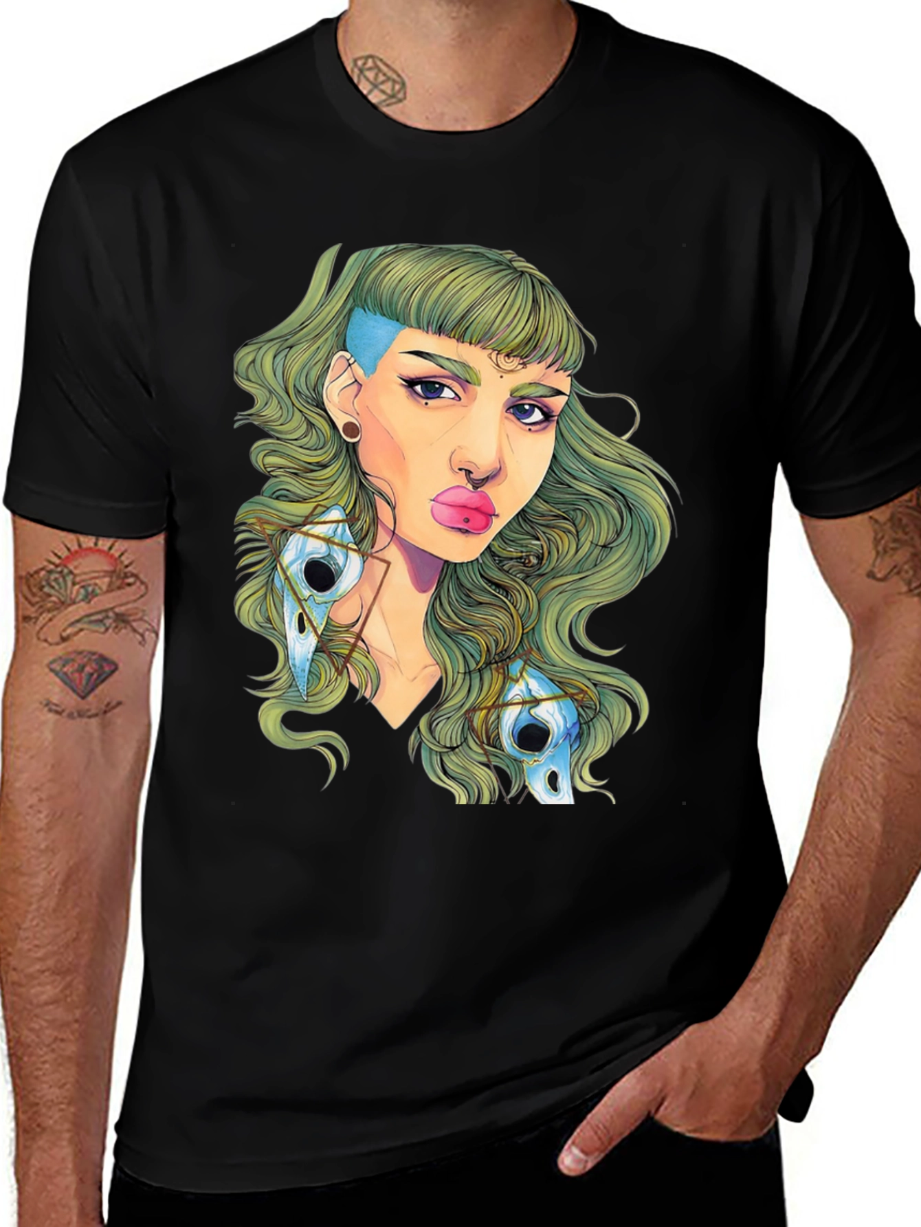 Edgy Green Haired Woman Graphic Tee - Black