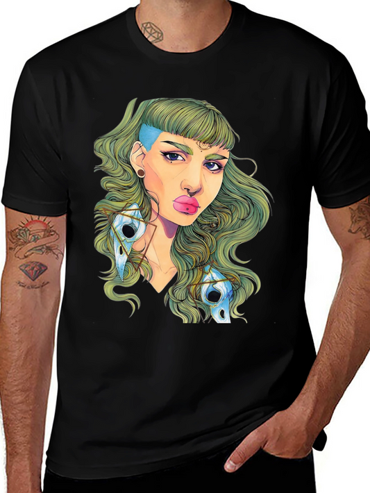 Edgy Green Haired Woman Graphic Tee - Black
