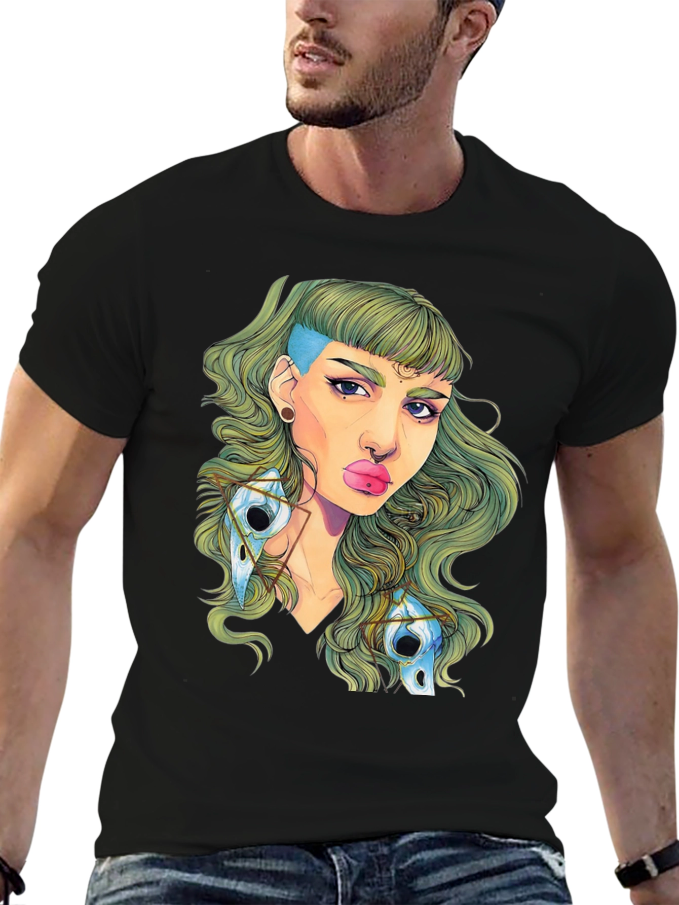 Edgy Green Haired Woman Graphic Tee - Black