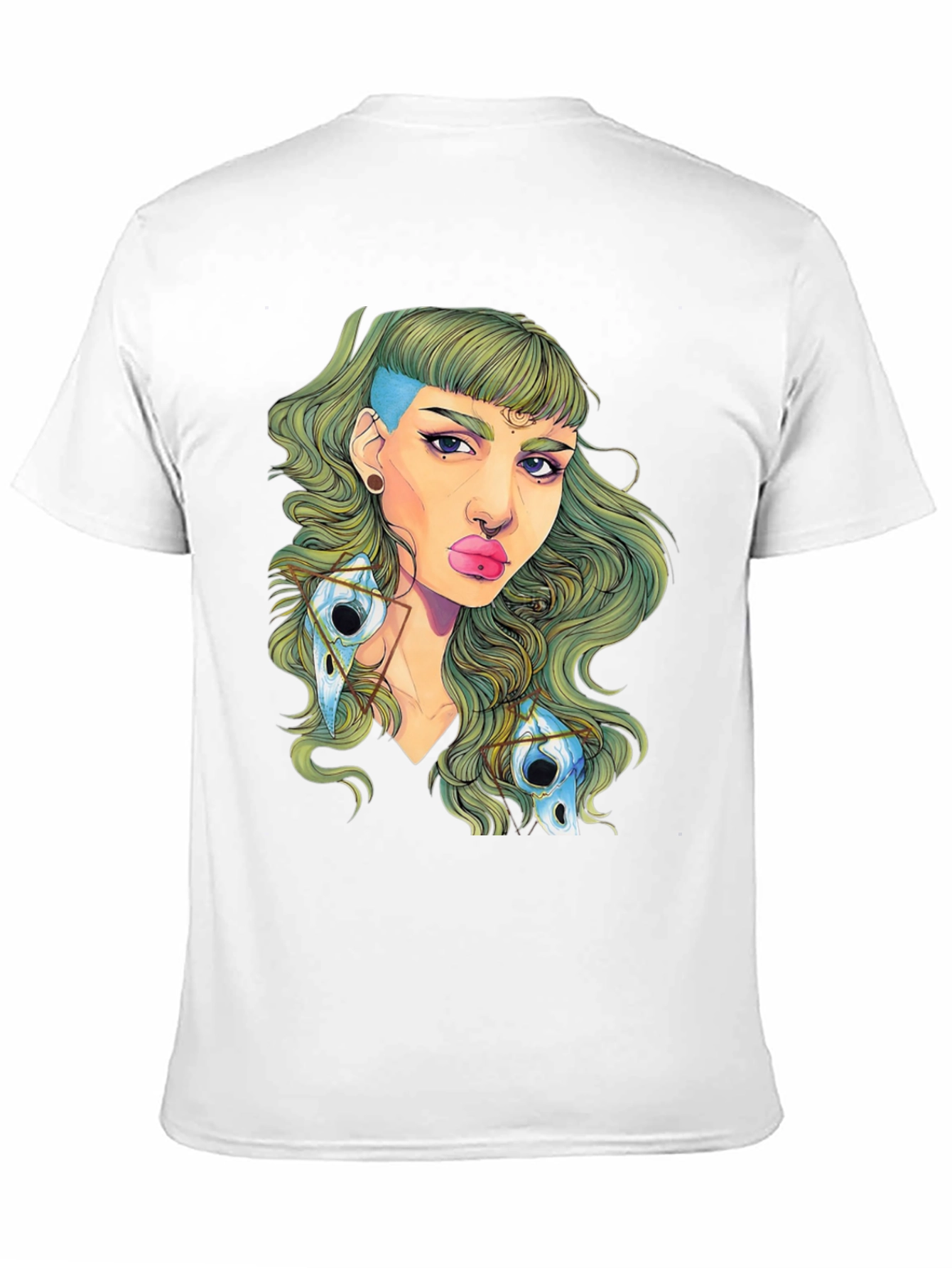 Edgy Green Haired Woman Graphic Tee - Black