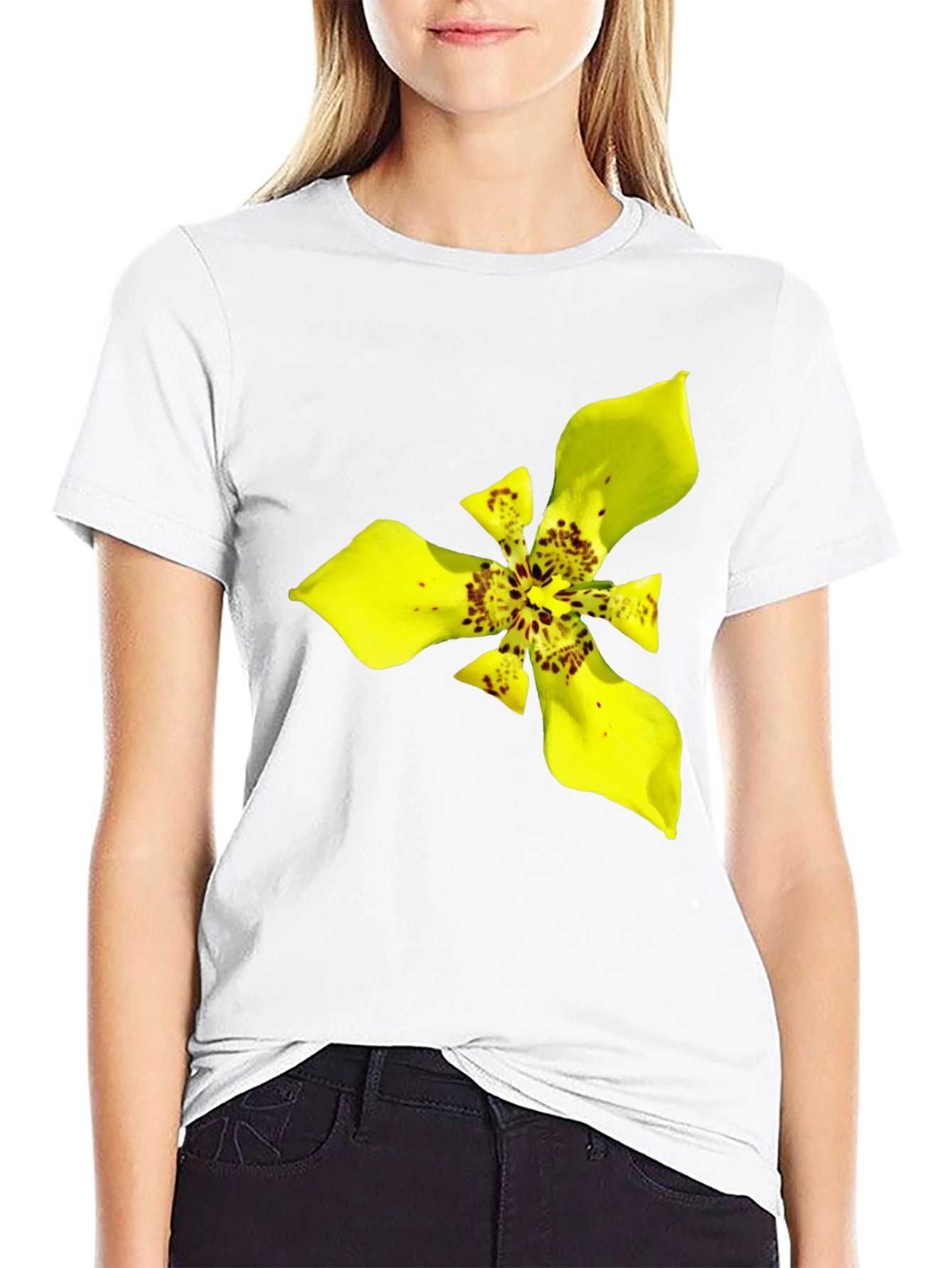 Black T-Shirt with Exotic Yellow Flower Graphic