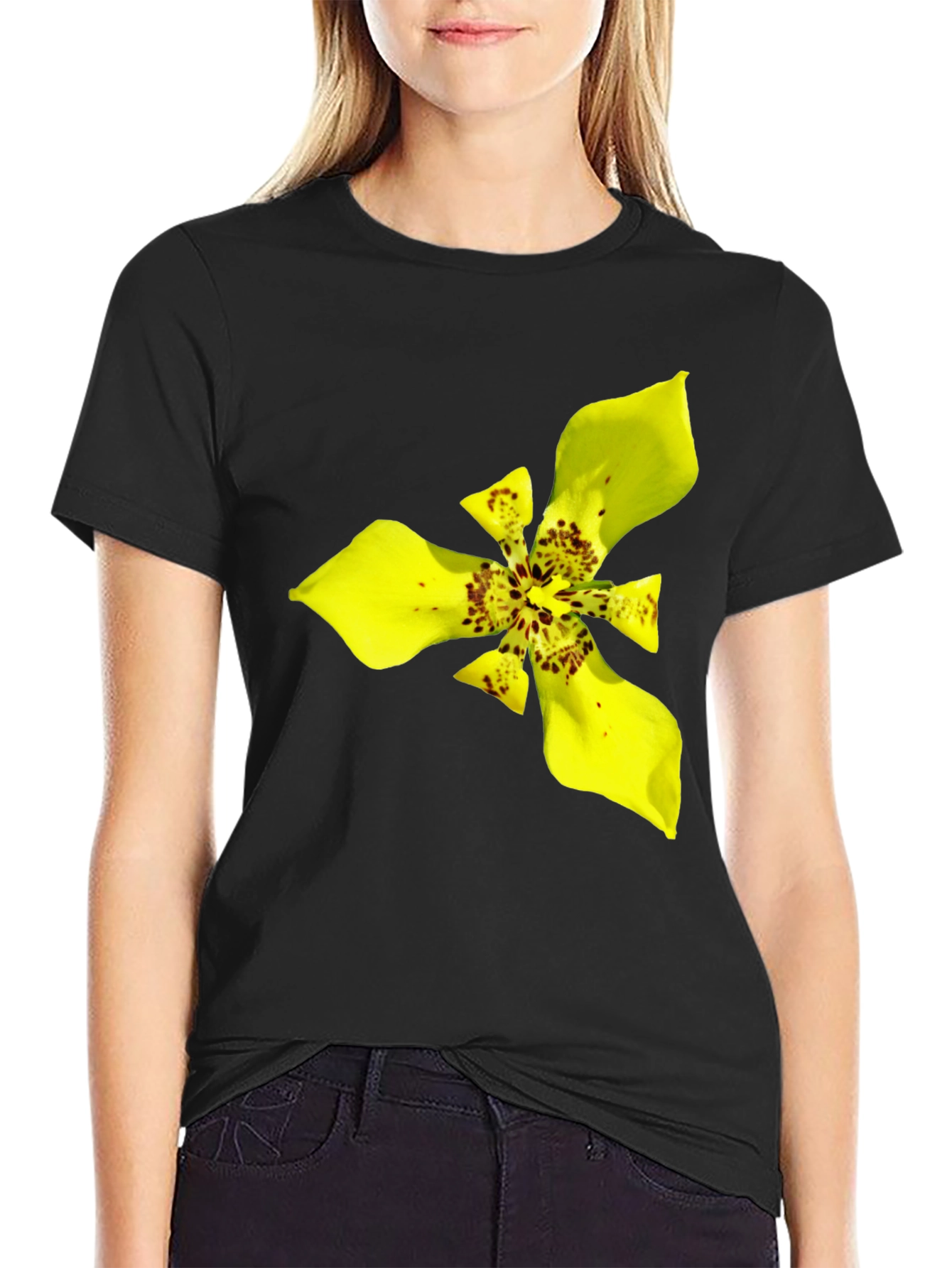 Black T-Shirt with Exotic Yellow Flower Graphic