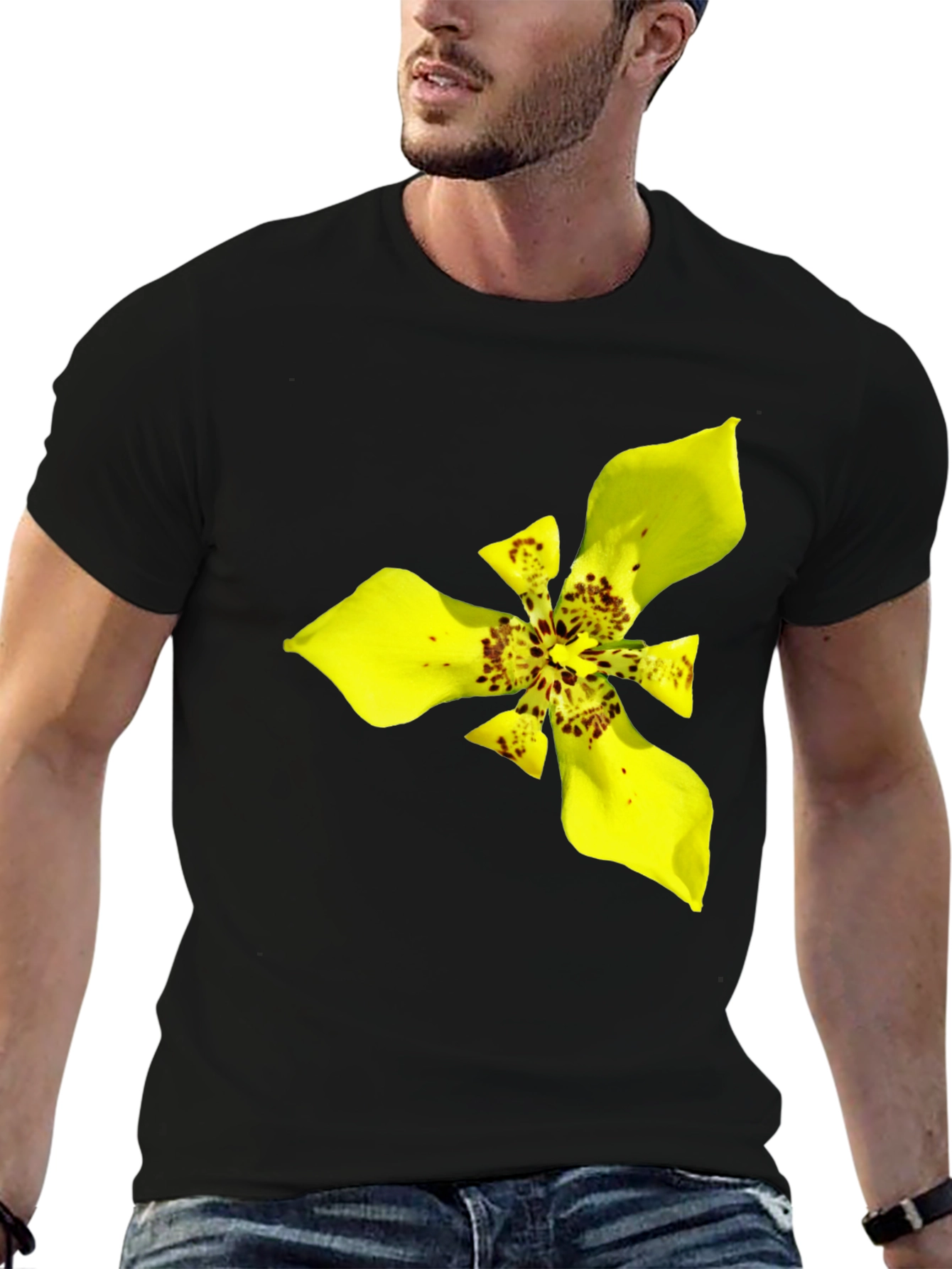 Black T-Shirt with Exotic Yellow Flower Graphic