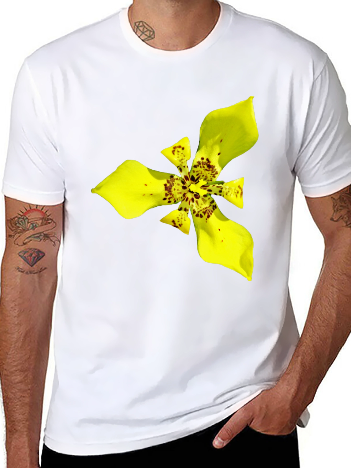 Black T-Shirt with Exotic Yellow Flower Graphic
