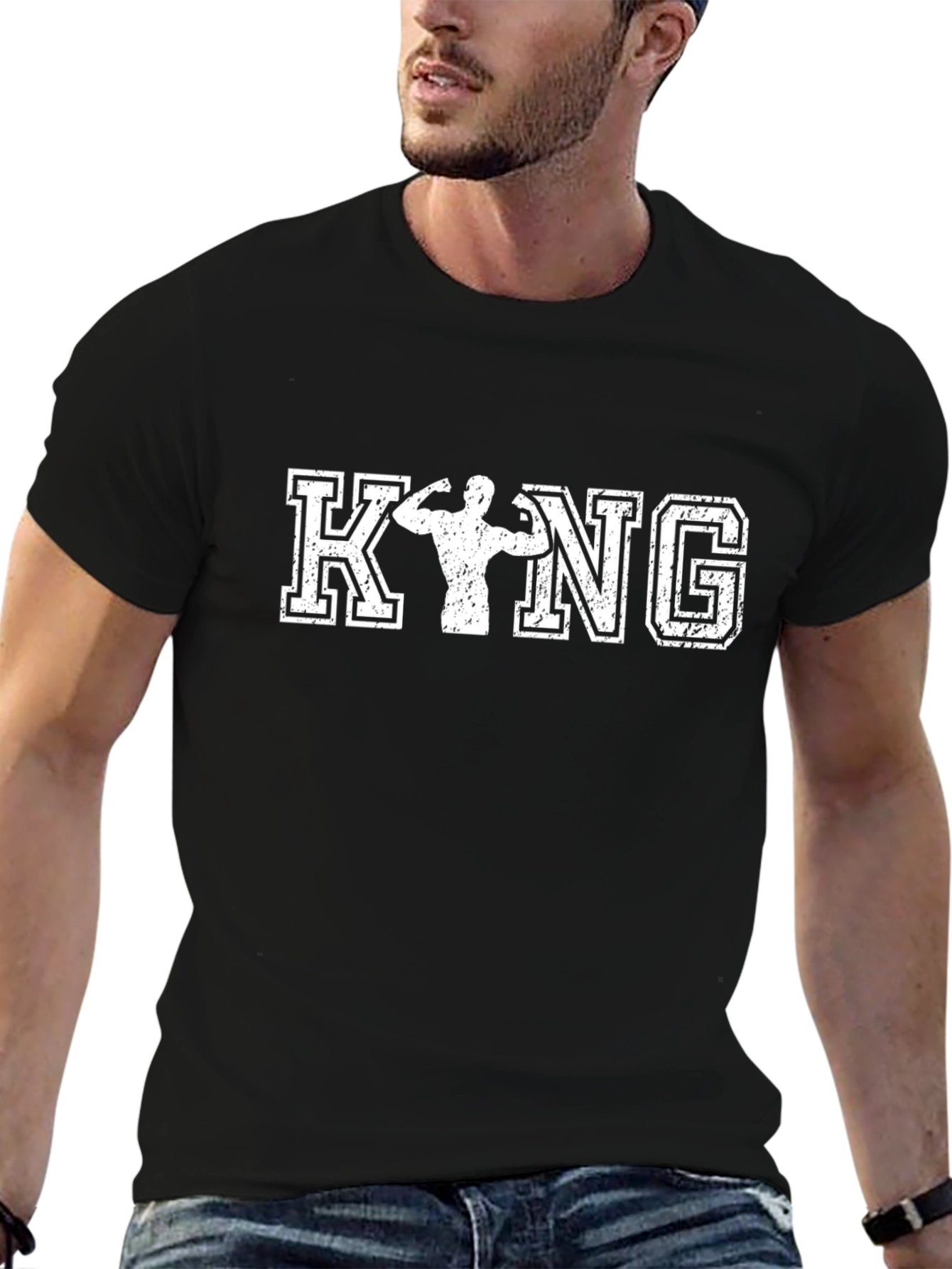 King Bodybuilder Graphic T-Shirt - Black Distressed Print
