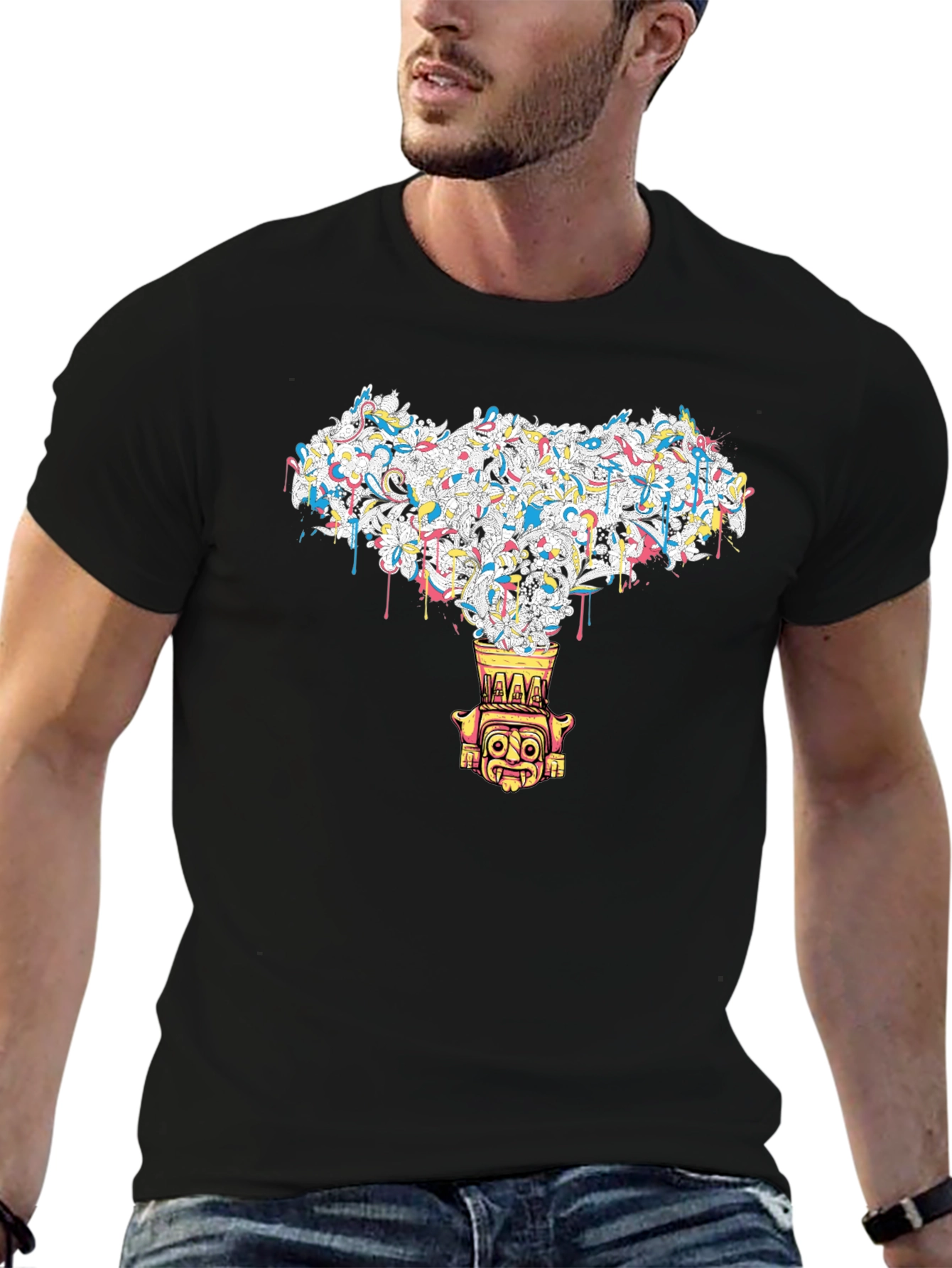 Abstract Tiki Graphic Black Tee