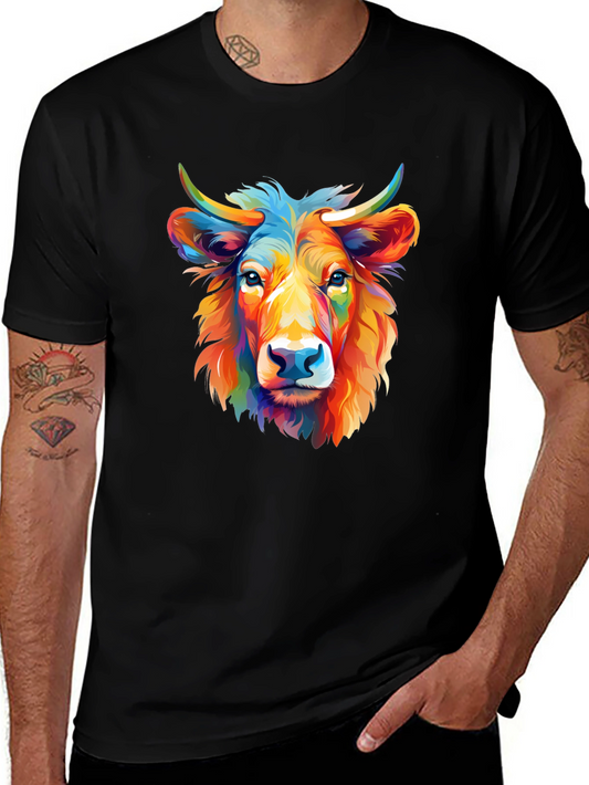 Colorful Cow Graphic Print Black T-Shirt