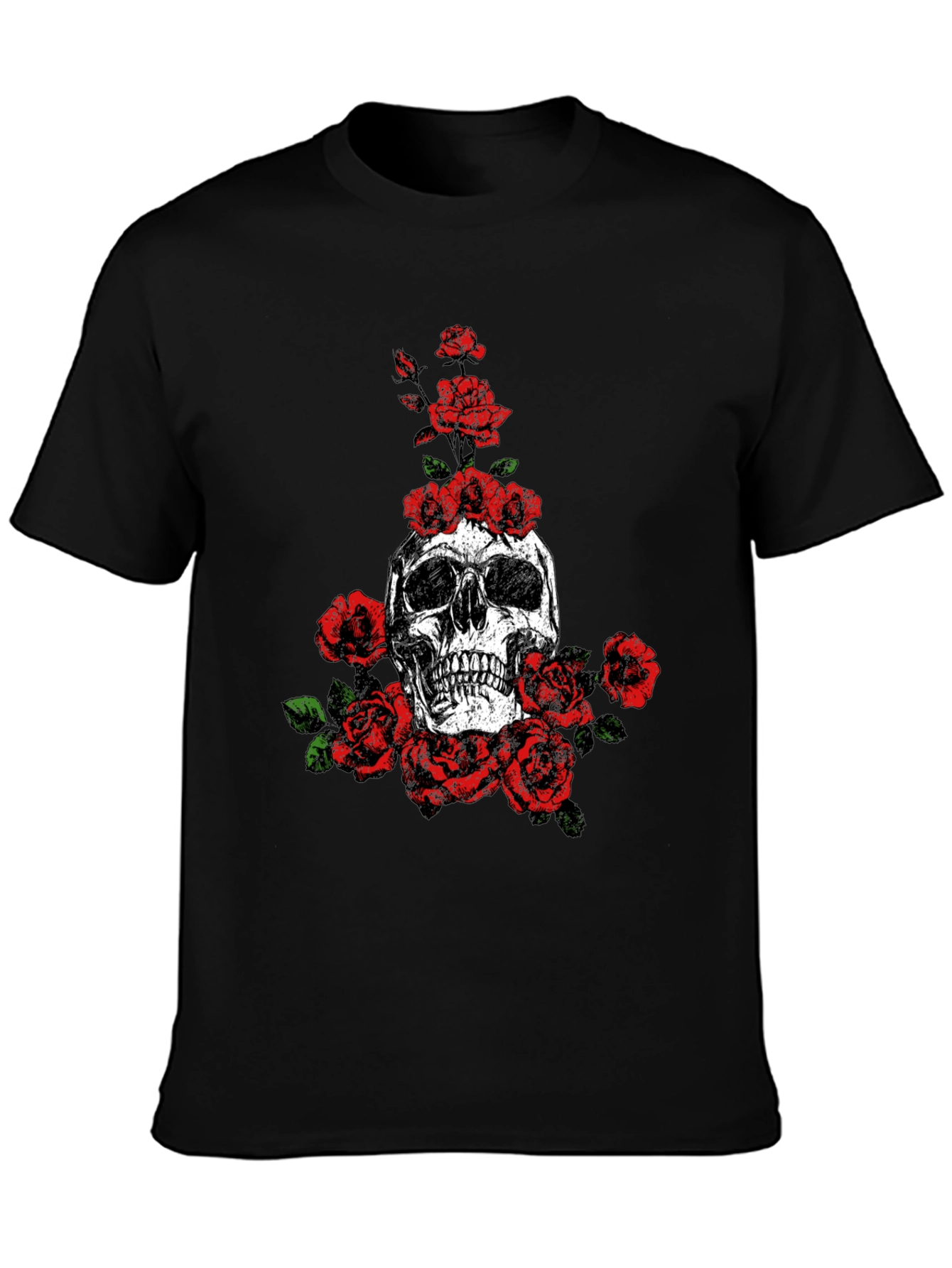 Skull and Roses Graphic Print Black T-Shirt