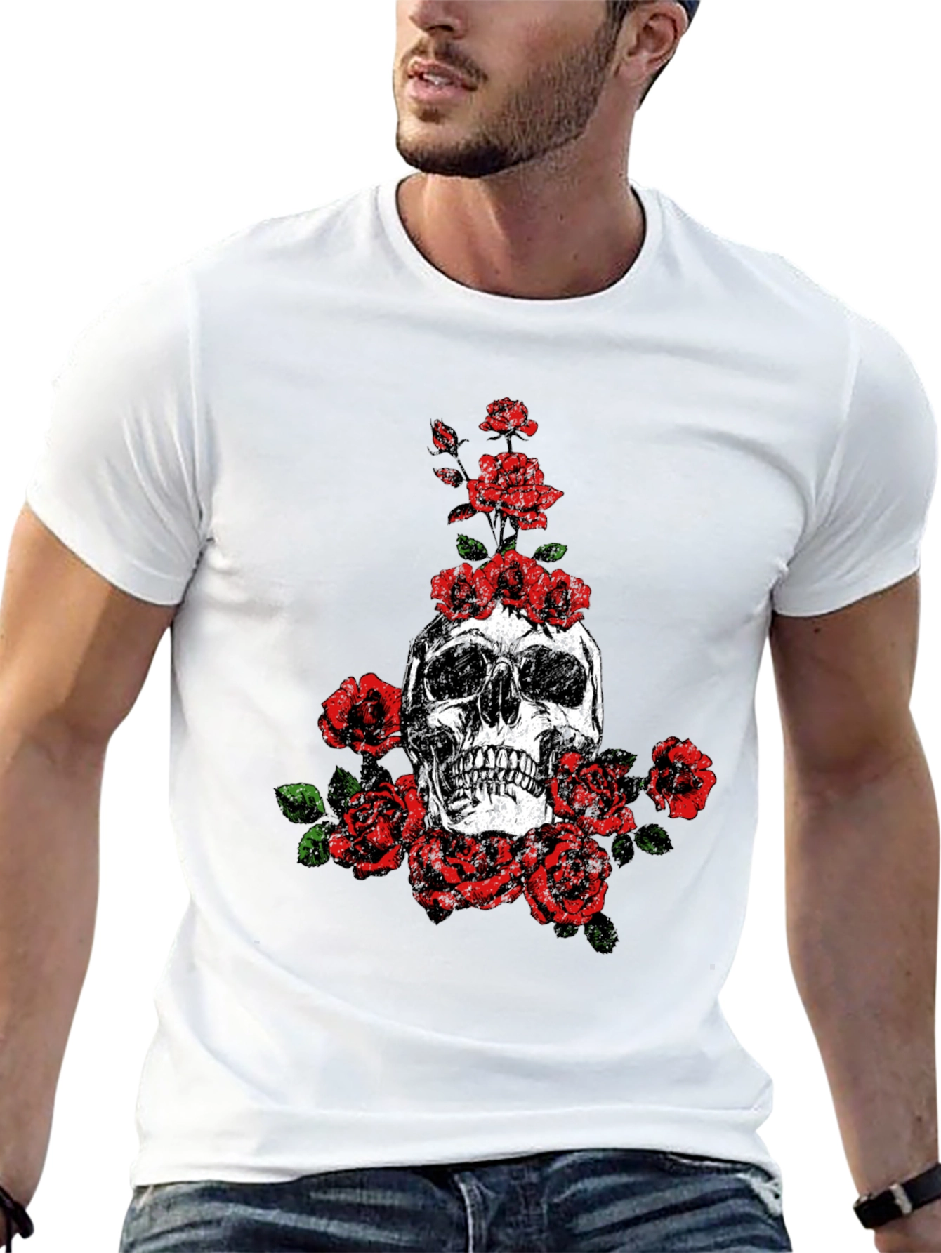 Skull and Roses Graphic Print Black T-Shirt