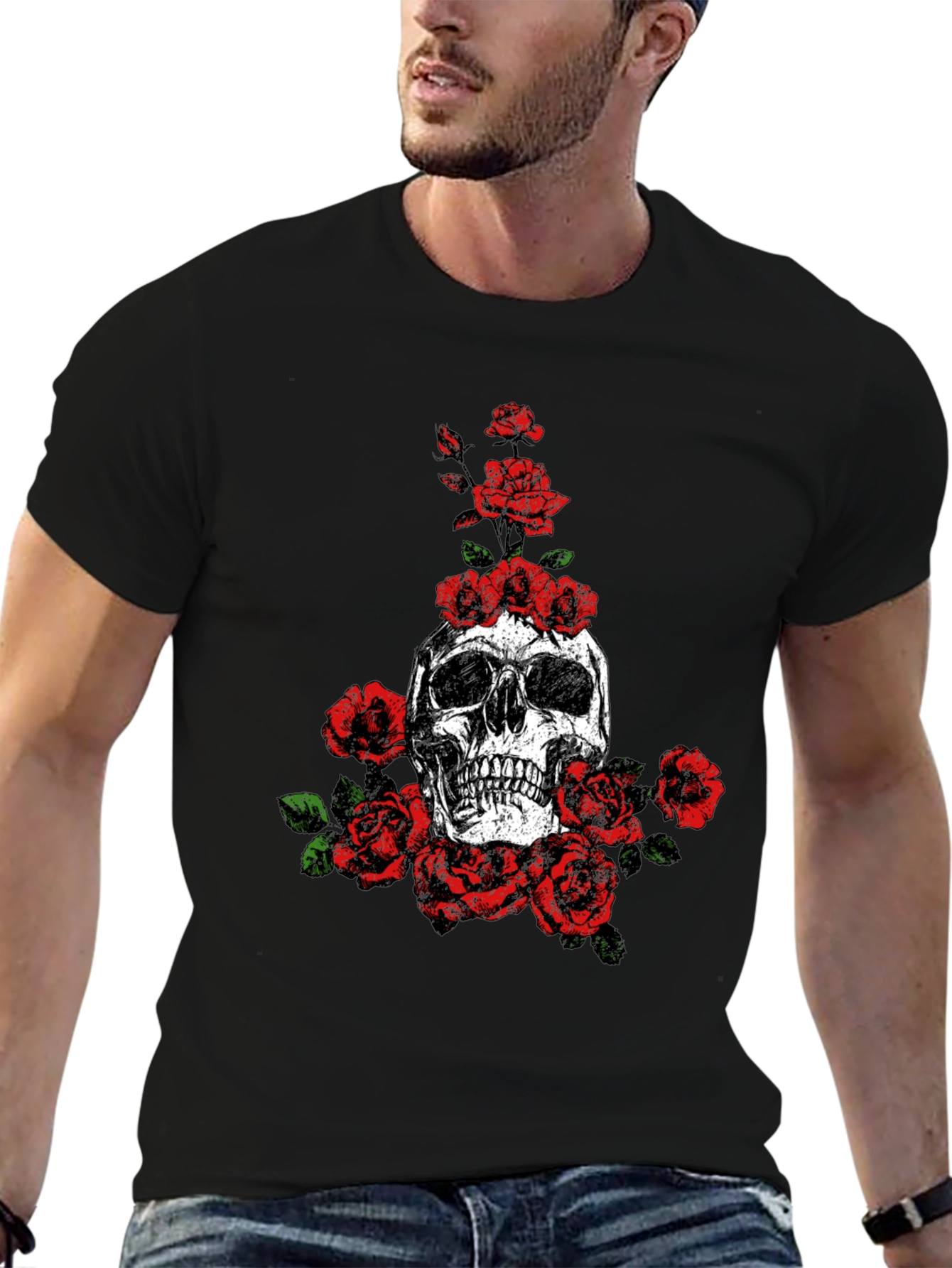 Skull and Roses Graphic Print Black T-Shirt