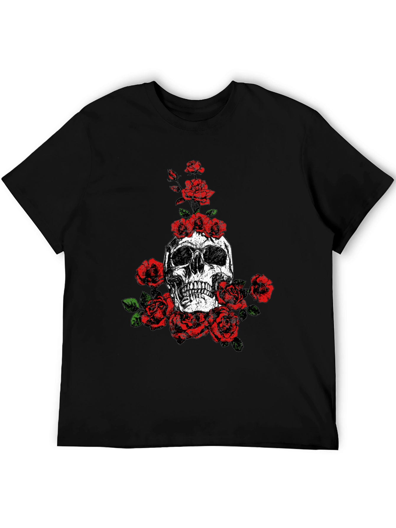 Skull and Roses Graphic Print Black T-Shirt