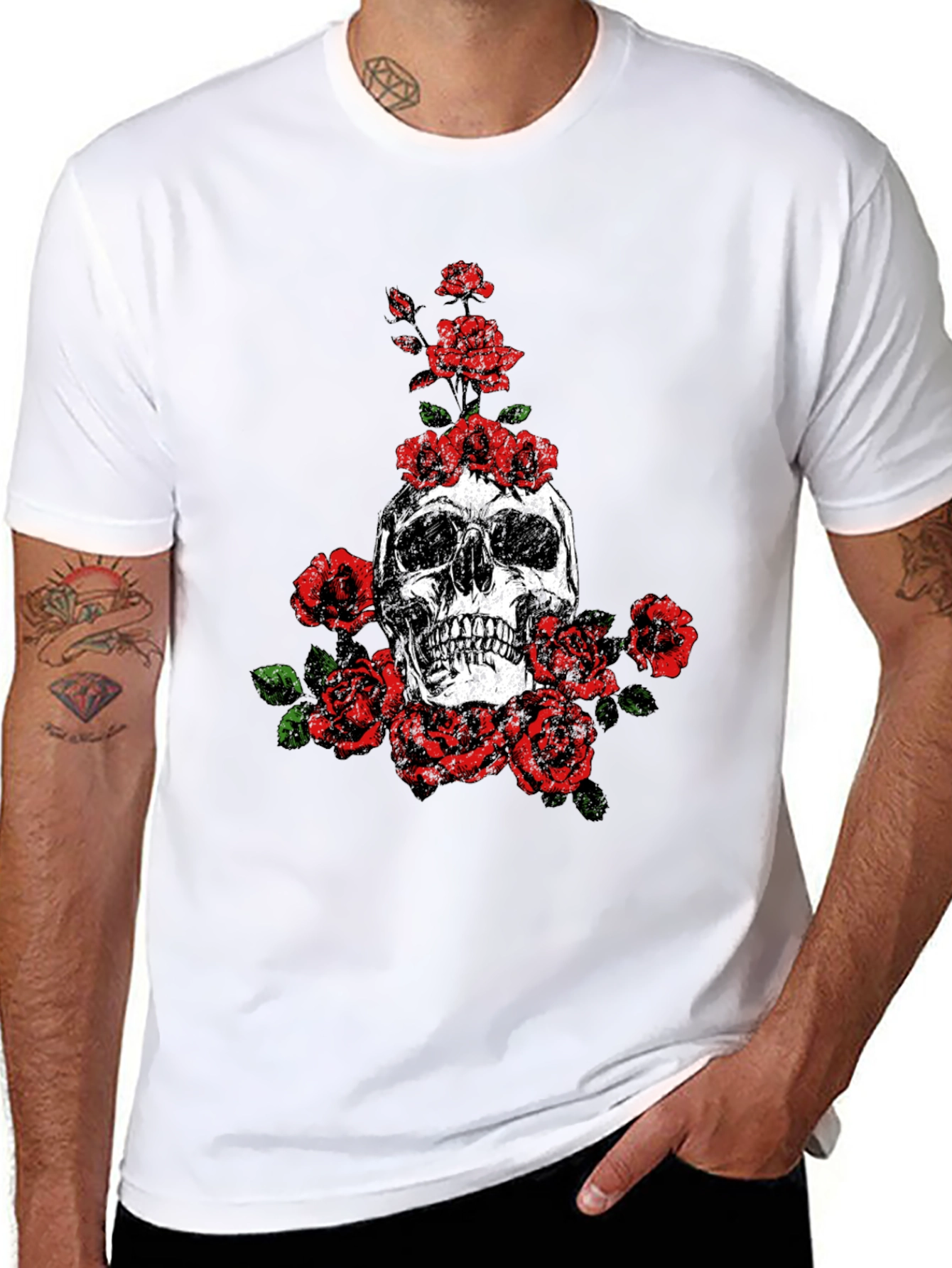 Skull and Roses Graphic Print Black T-Shirt