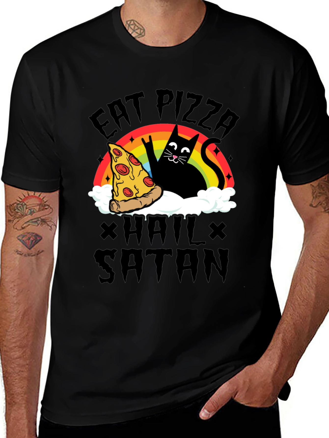 Eat Pizza Hail Satan Black Graphic Tee