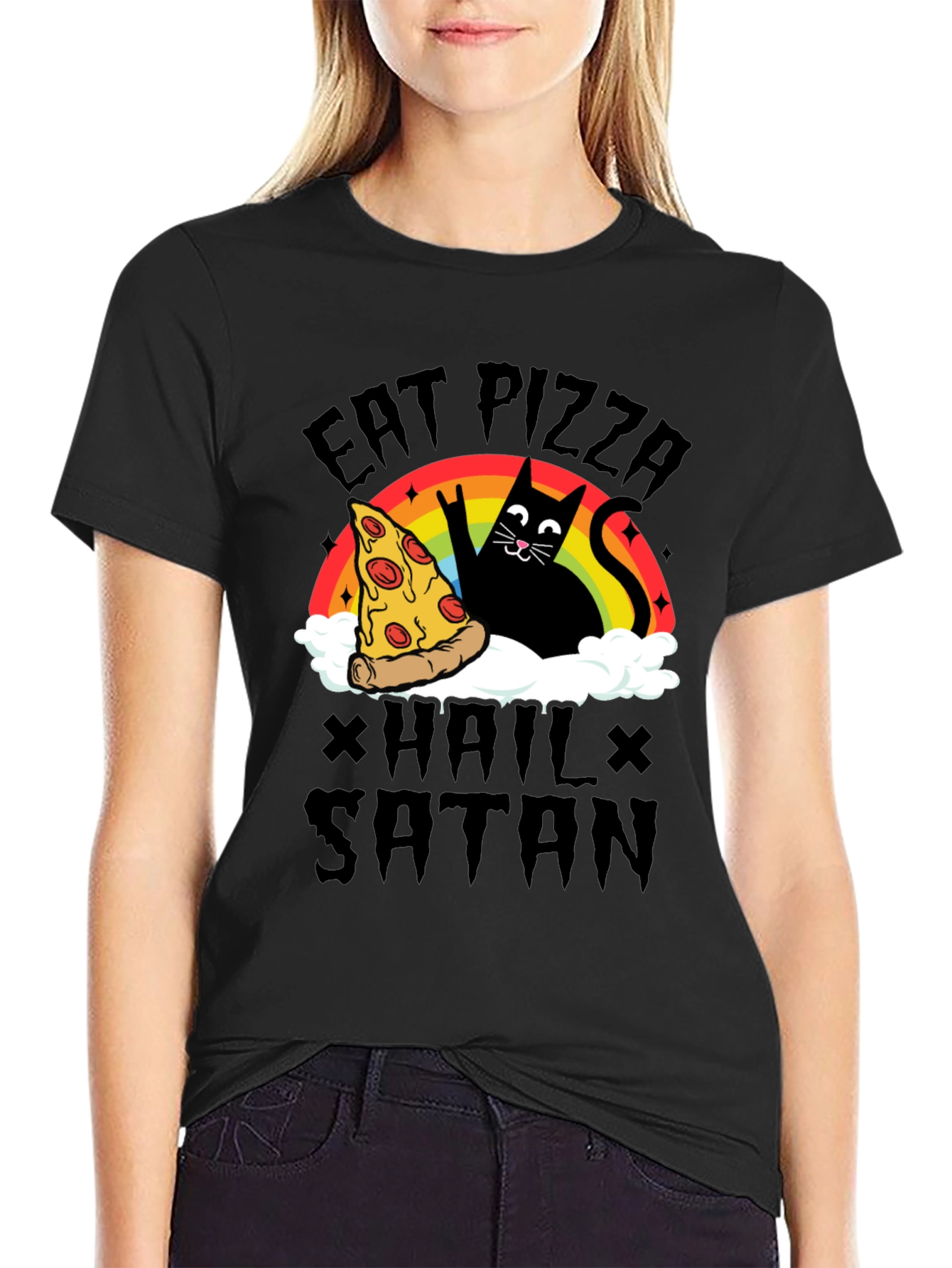 Eat Pizza Hail Satan Black Graphic Tee