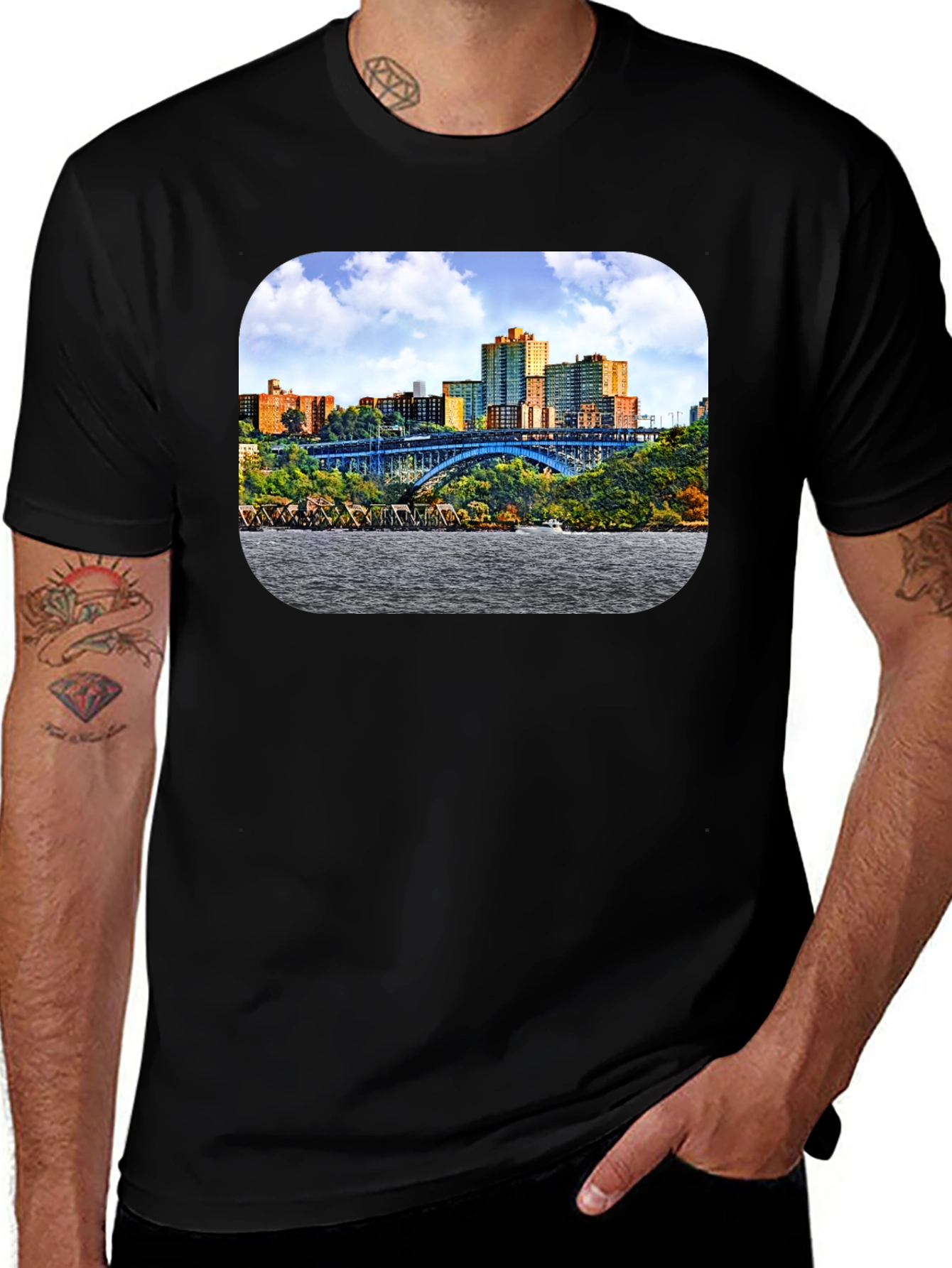Cityscape Bridge Graphic Tee - Mens Black T-Shirt