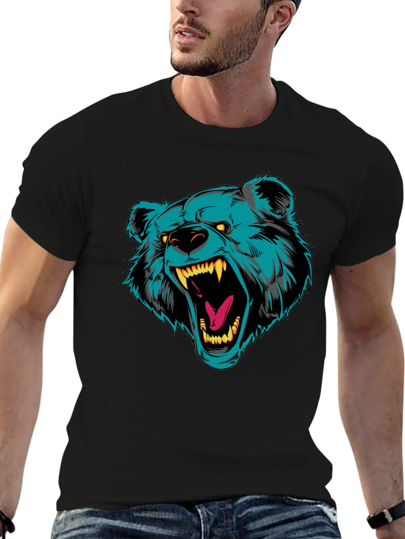 Black T-Shirt with Roaring Bear Graphic