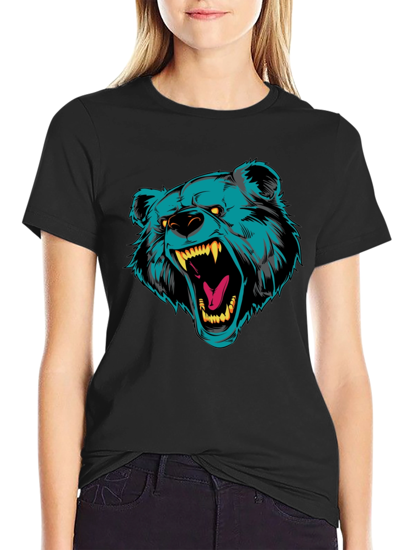 Black T-Shirt with Roaring Bear Graphic
